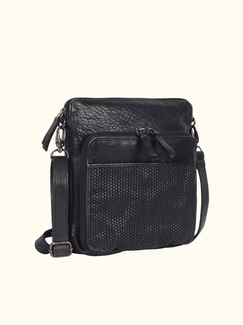 Black leather crossbody bag on a white background