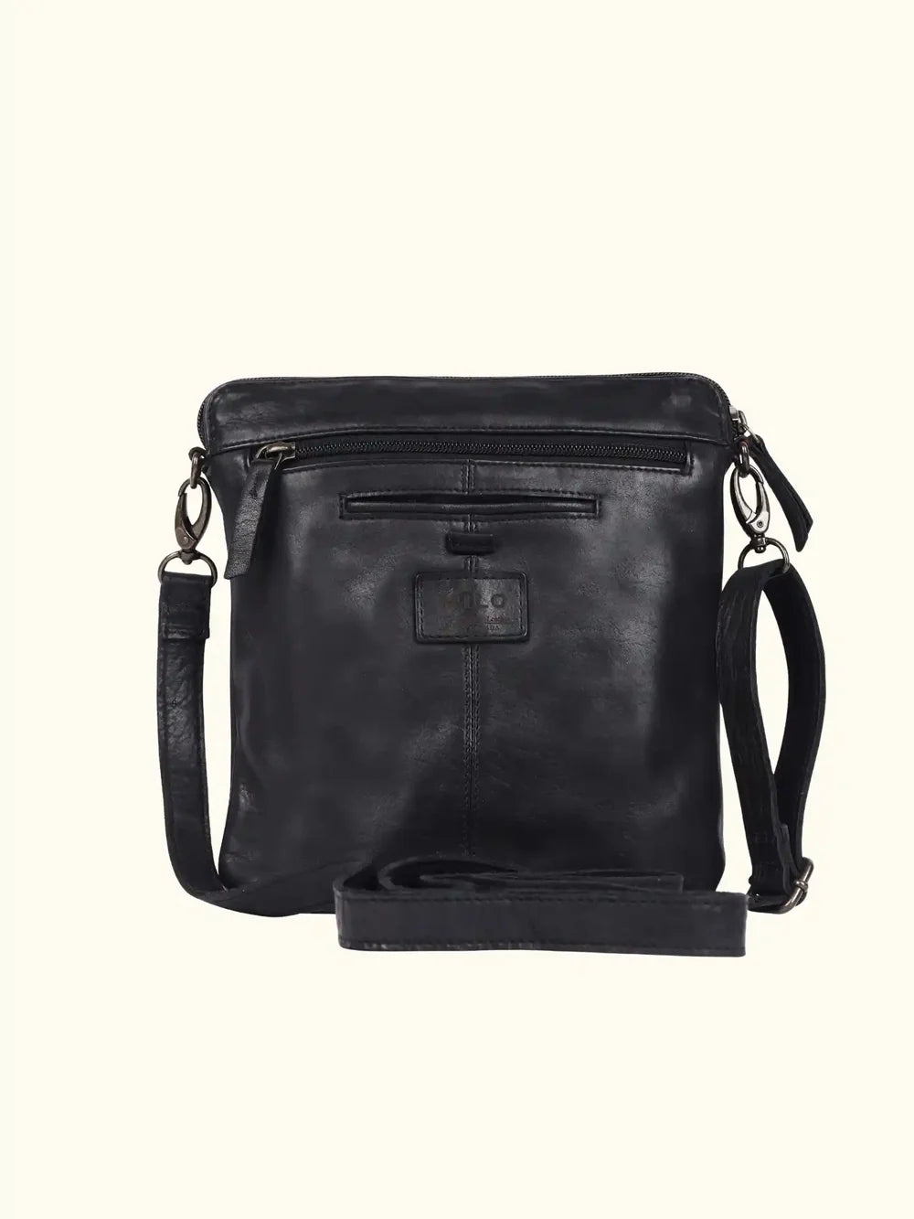 Black leather crossbody bag on a white background
