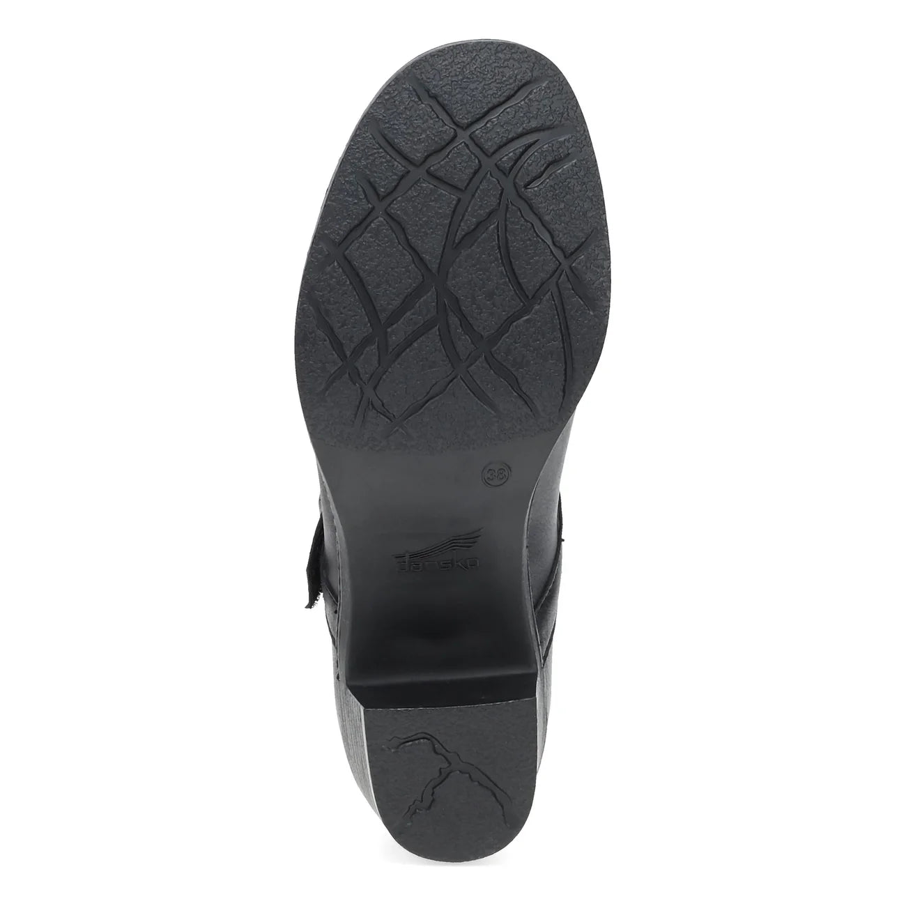 A top-down view of a black boot sole, showing the tread pattern and embossed branding on a plain white background.