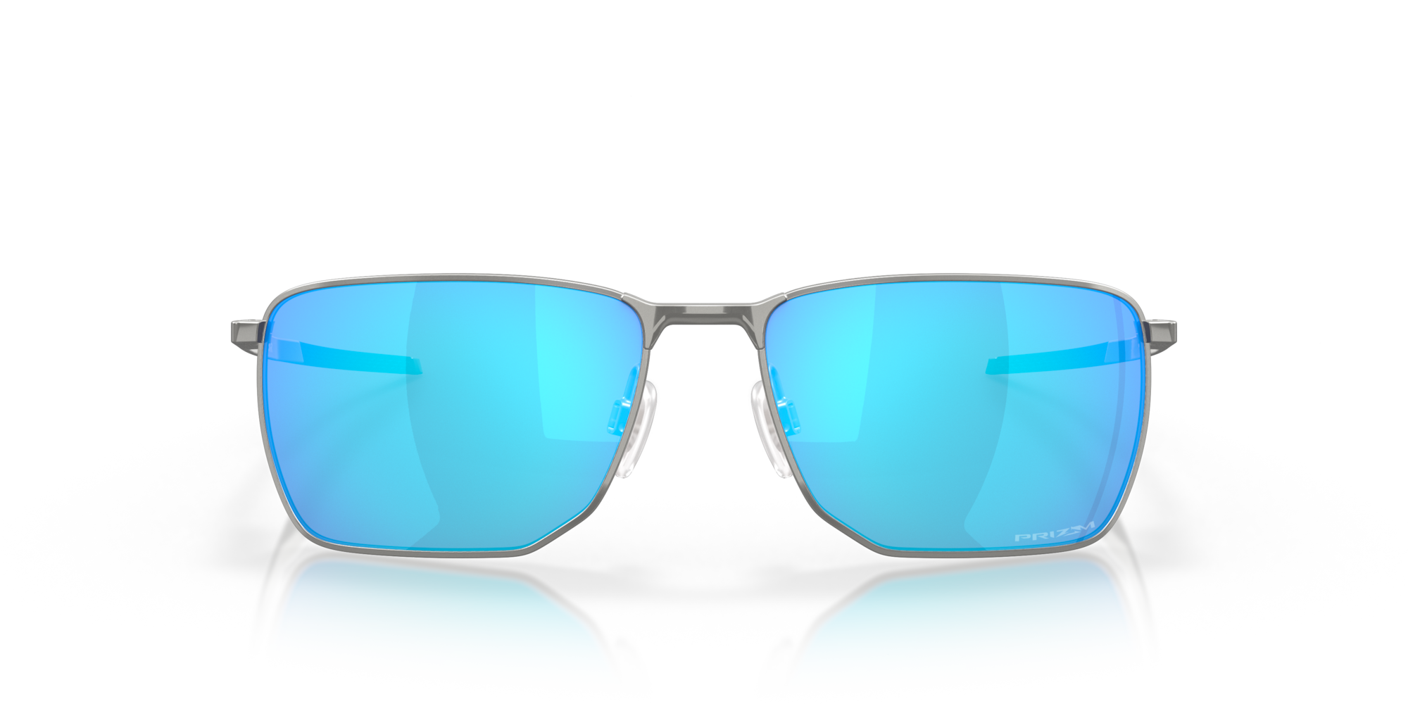 Sunglasses with blue reflective lenses on a white background