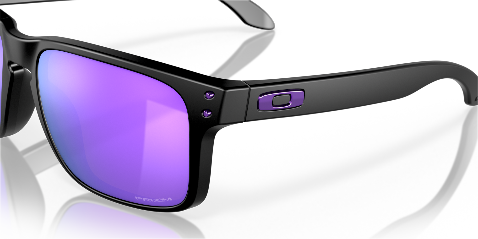 Black sunglasses with purple lenses on a clear background