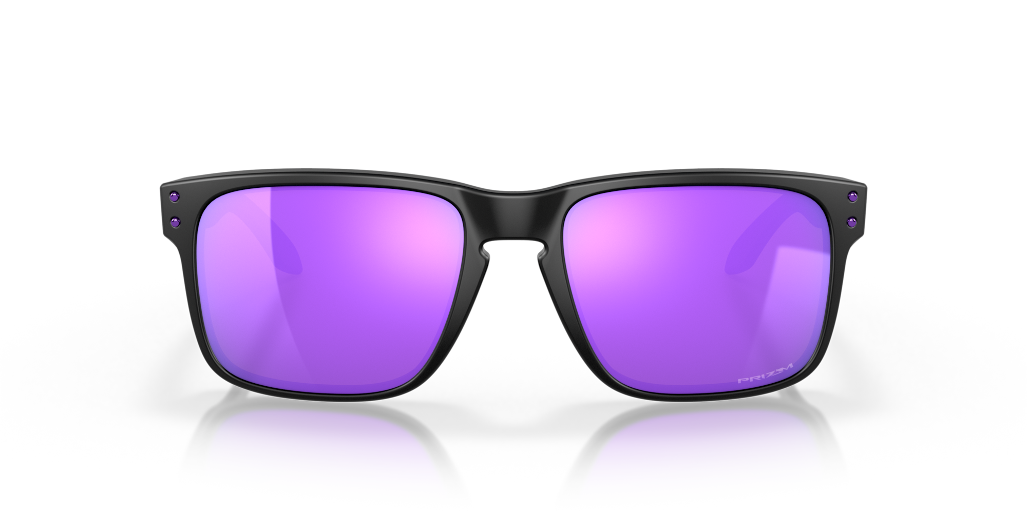 Black sunglasses with purple lenses on a white background