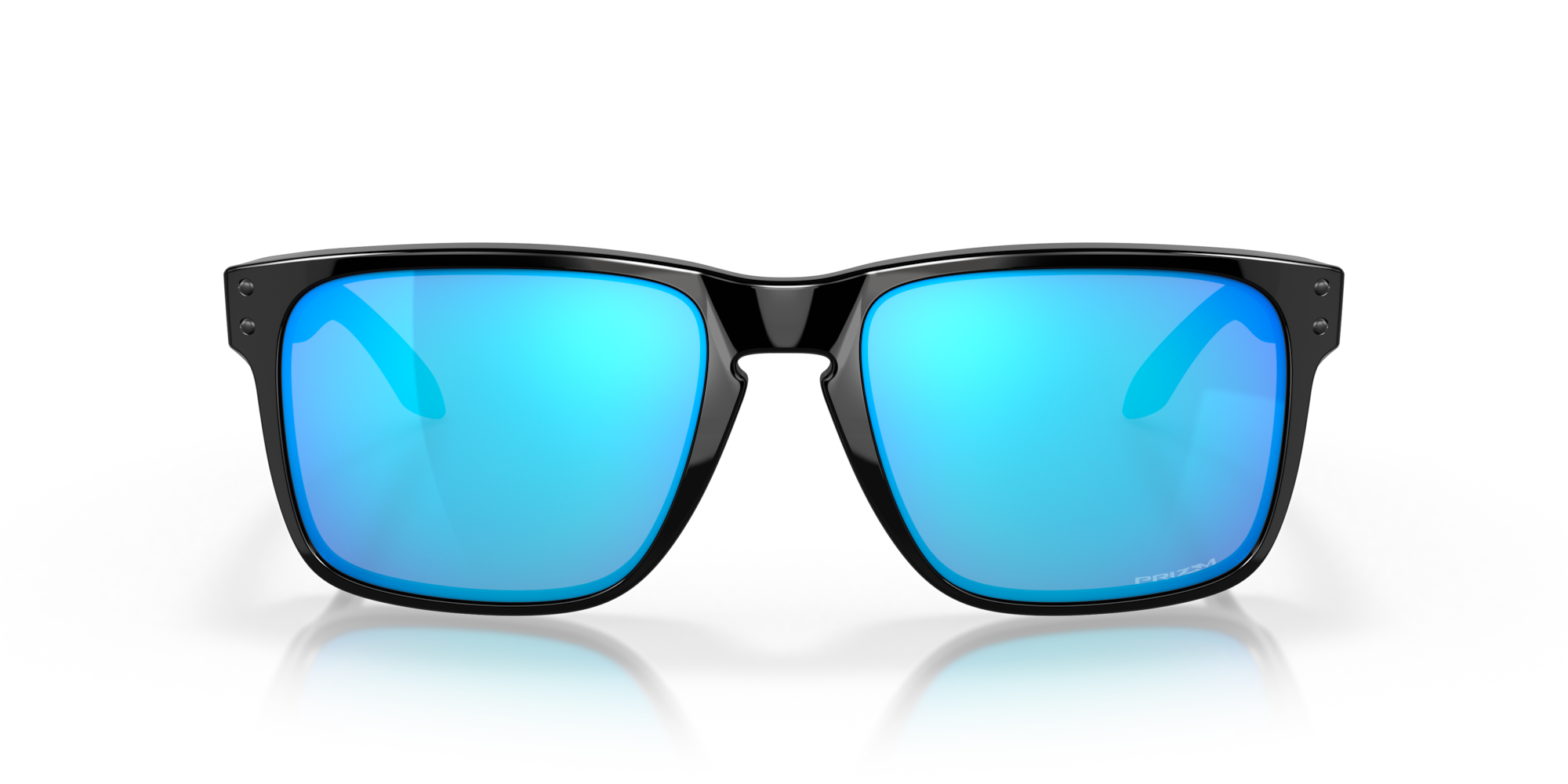 Black-framed sunglasses with blue reflective lenses on a white background