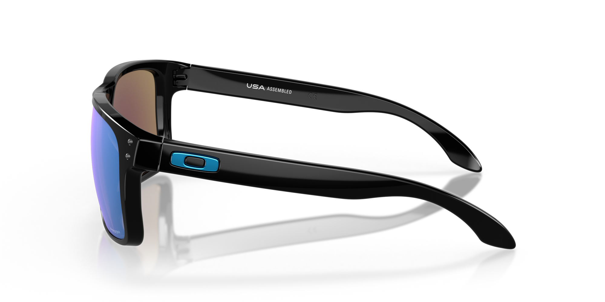 Black sunglasses with blue lenses on a white background