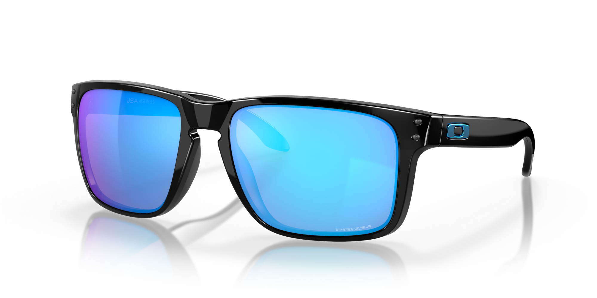 Black sunglasses with blue-tinted lenses on a white background