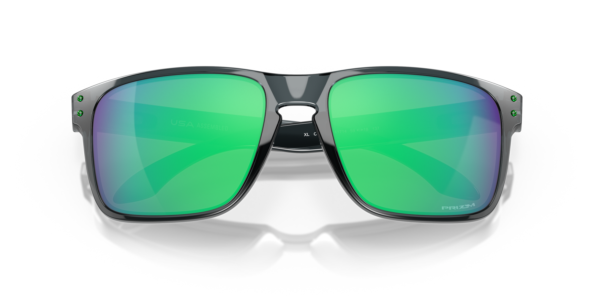 Sunglasses with green reflective lenses on a white background