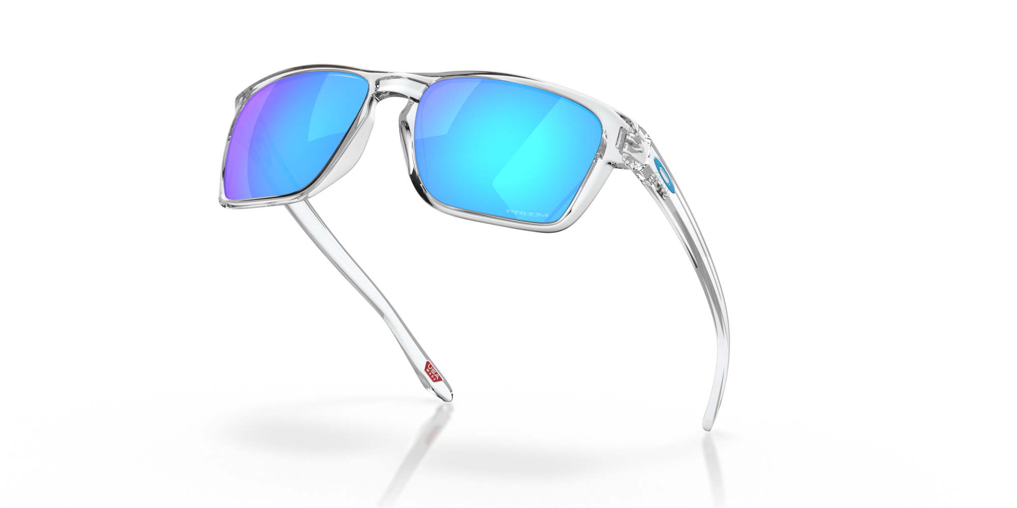 Sunglasses with blue reflective lenses on a black background