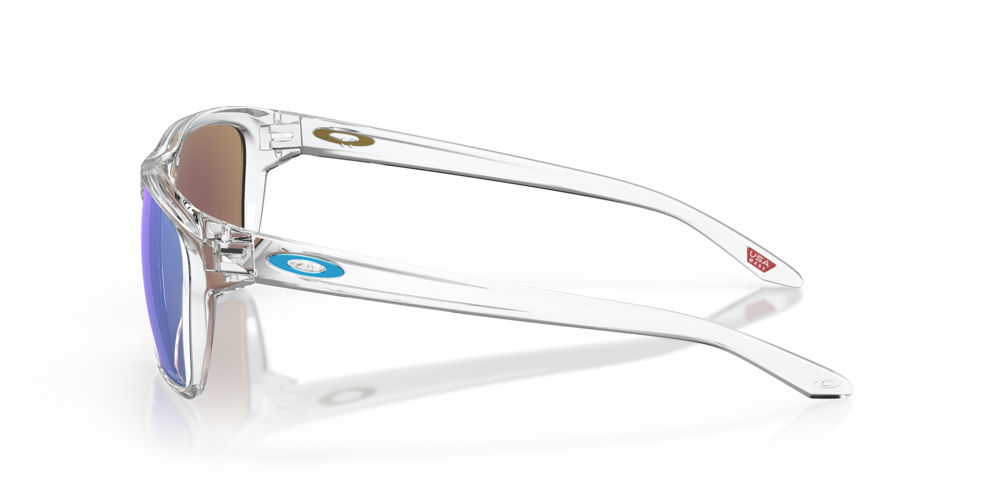 Sunglasses with a clear frame and reflective lenses on a black background