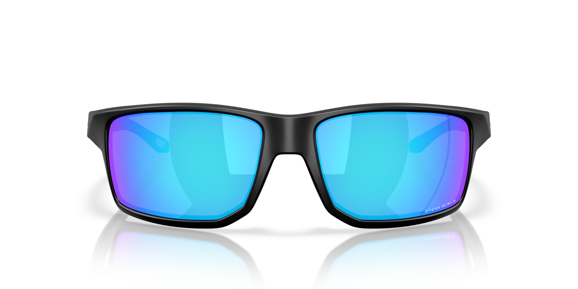 Black sunglasses with blue-tinted lenses on a white background