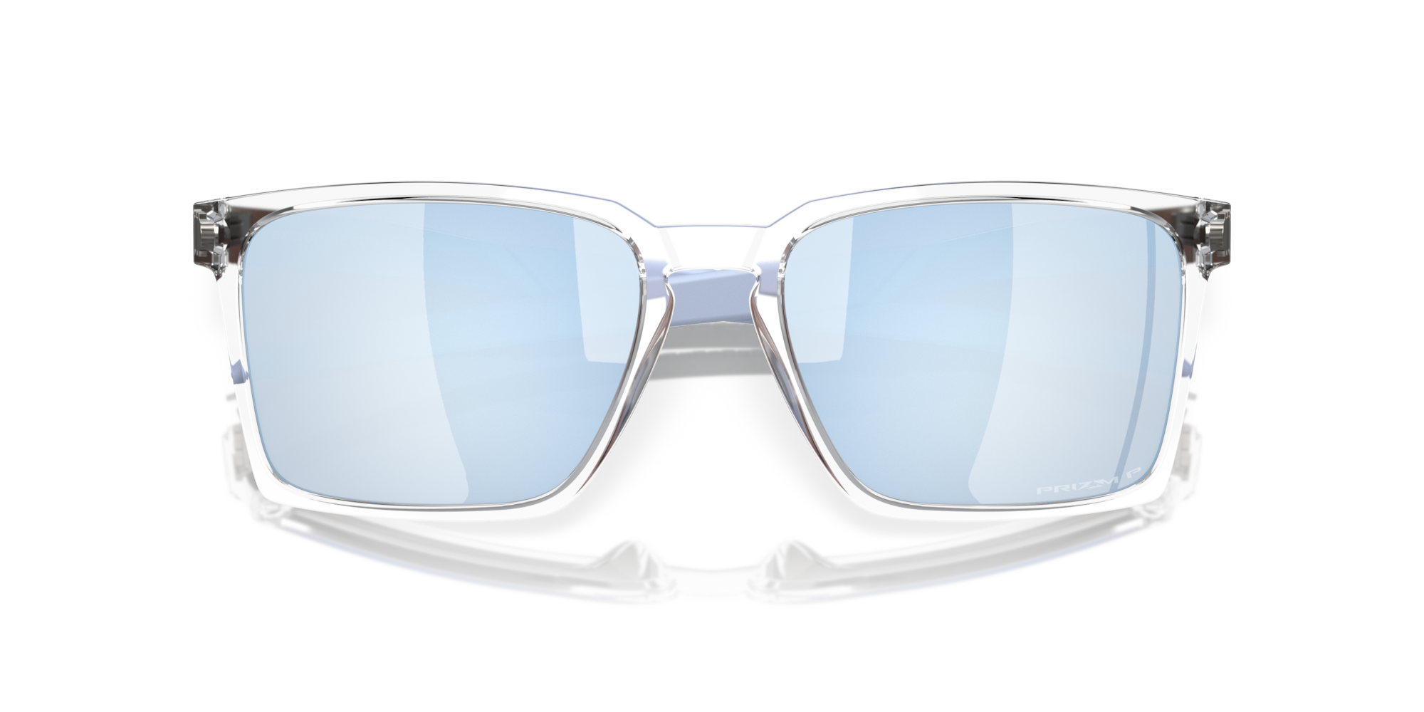 Sunglasses with blue reflective lenses on a white background