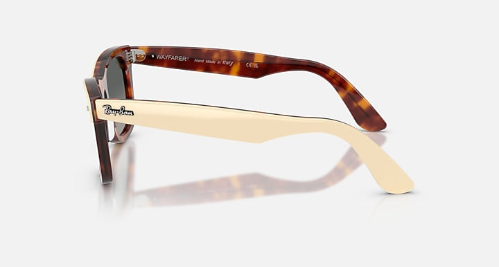 Sunglasses with tortoiseshell frame and gold arm on a white background