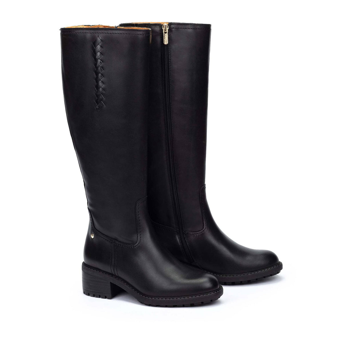 A pair of black leather knee-high riding boots with a side zipper, low block heel, and decorative braided detailing on the shaft, shown against a plain white background.