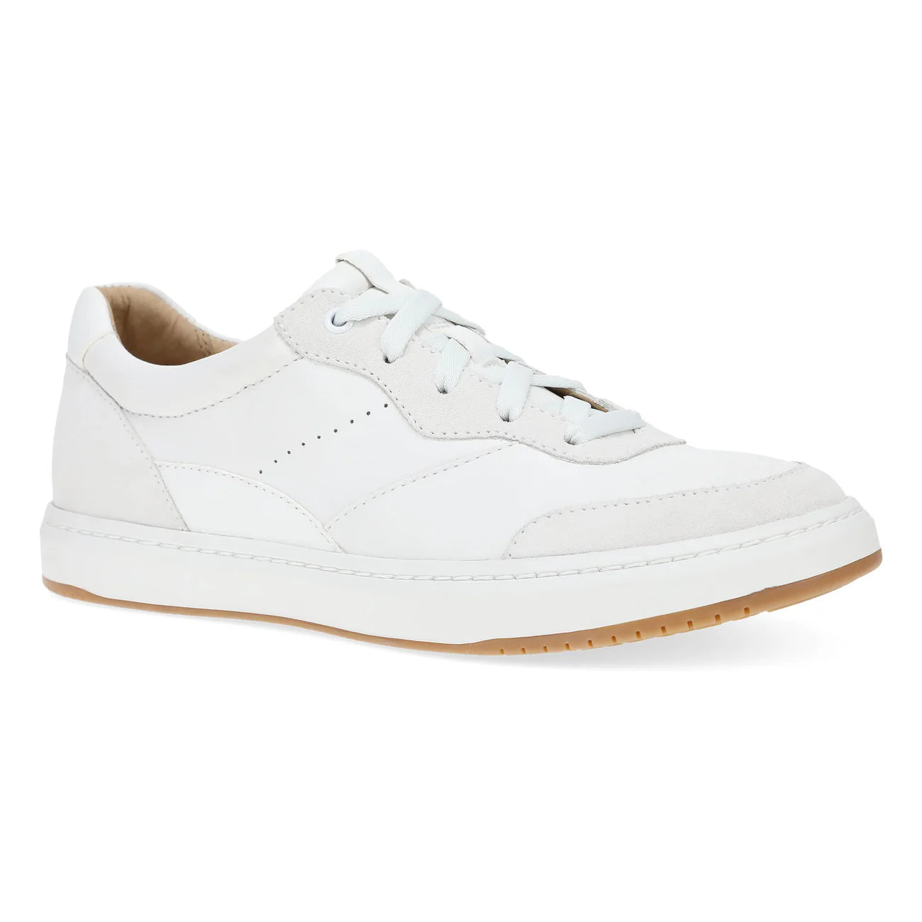 White sneaker with brown sole on a white background