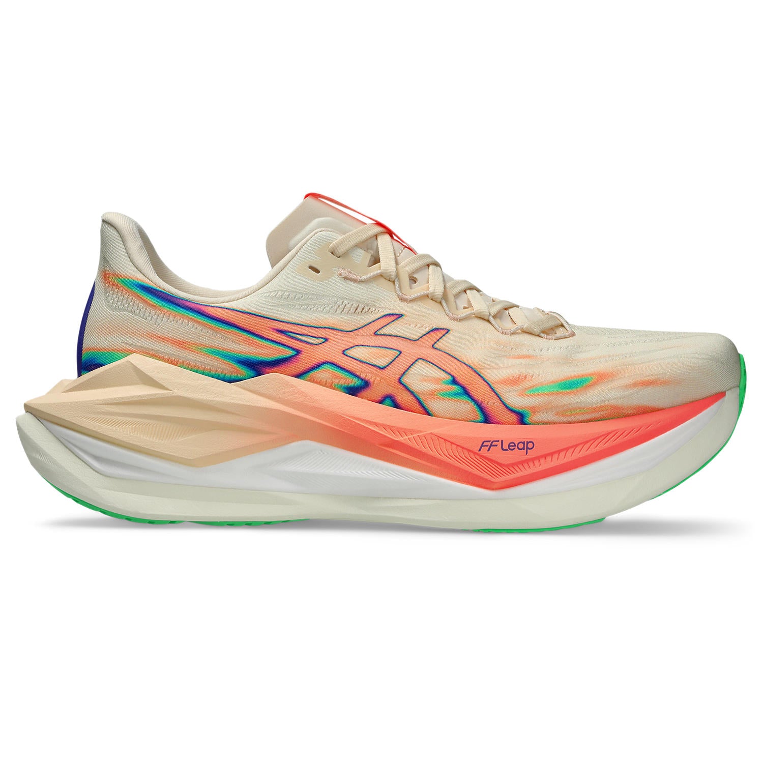 Beige running shoe with colorful sole on a white background