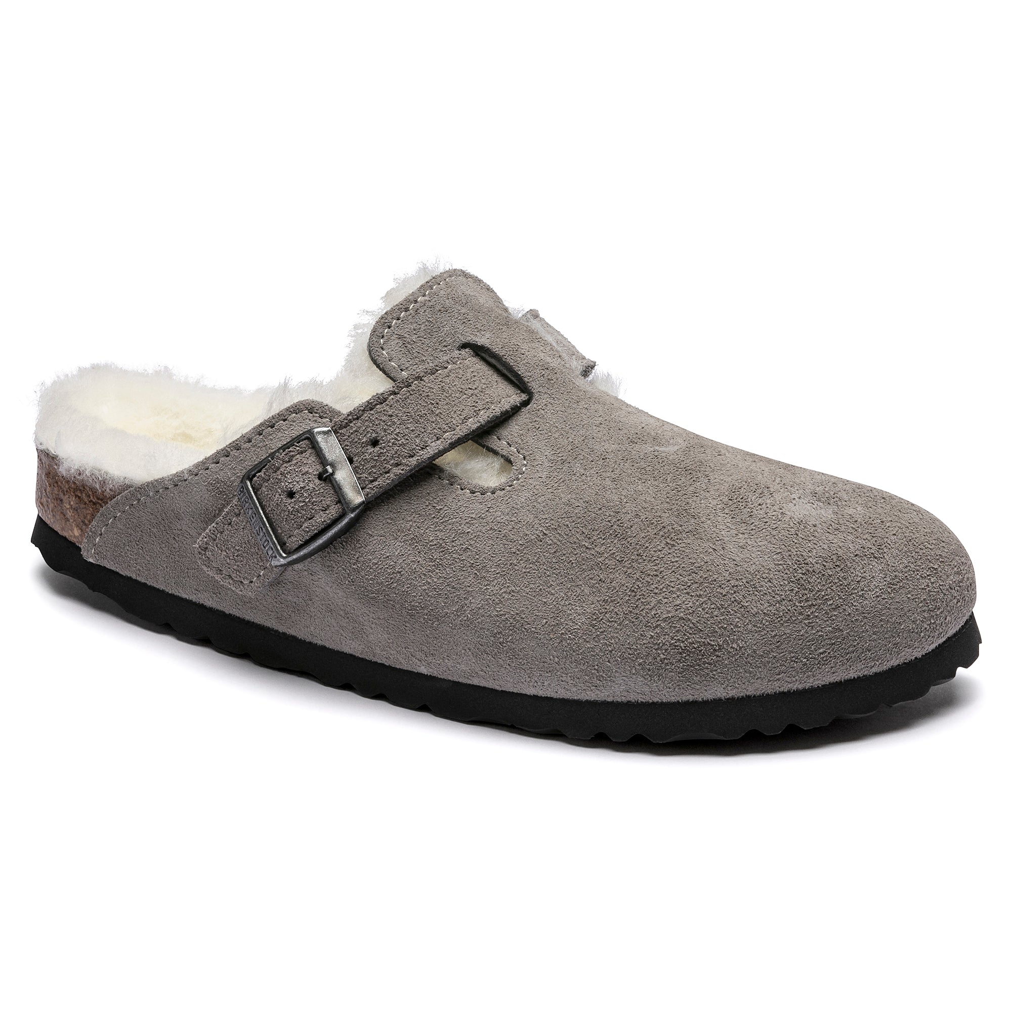 Women's Birkenstock Boston Shearling Suede Leather Color: Stone Coin