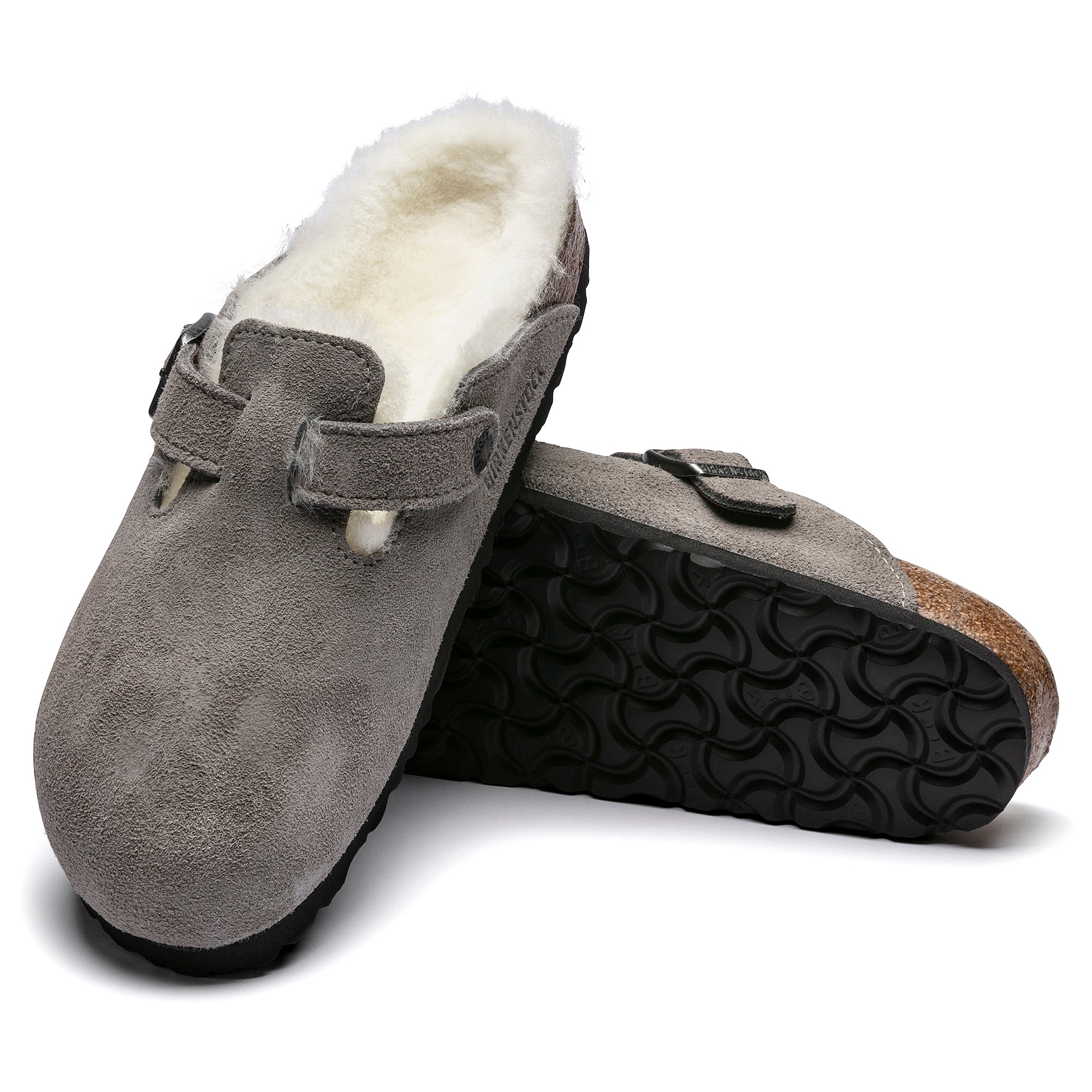 Women's Birkenstock Boston Shearling Suede Leather Color: Stone Coin