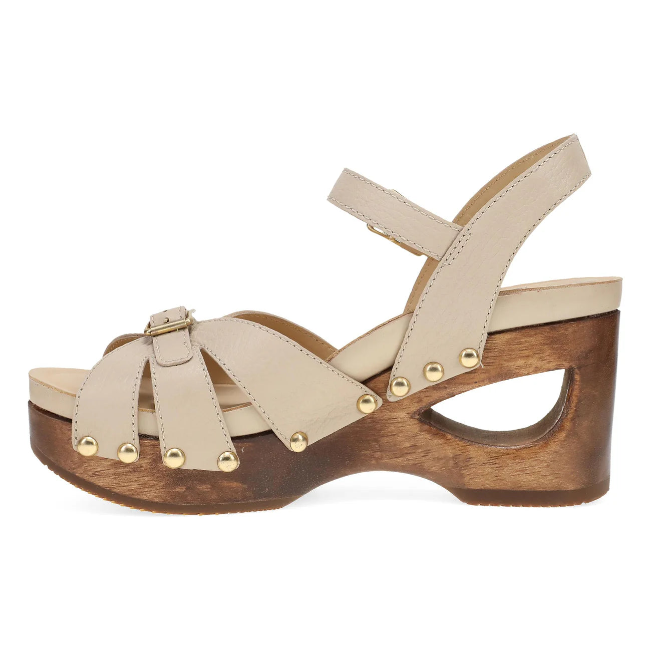 Beige sandal with wooden sole on a white background