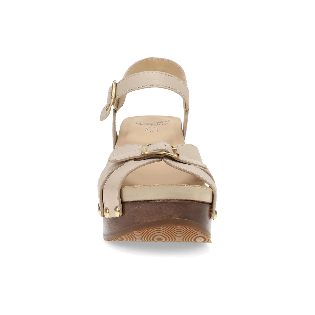 Beige sandal with wooden sole on a white background