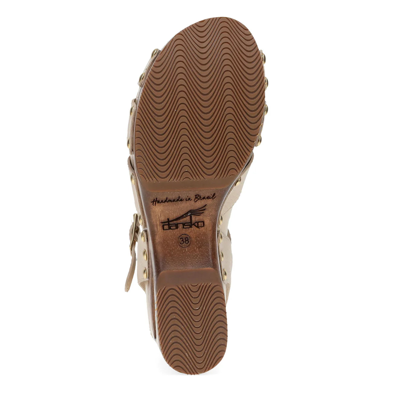 Brown shoe sole with tread pattern and brand name on a white background