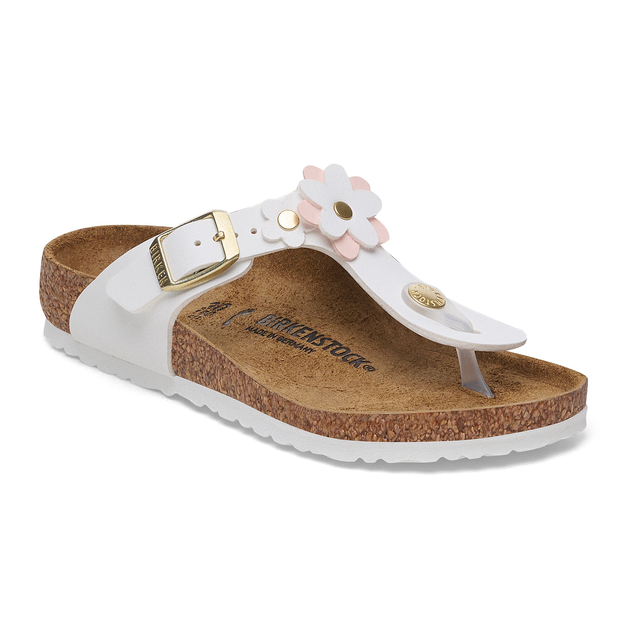 White sandal with a flower design and gold buckle on a white background