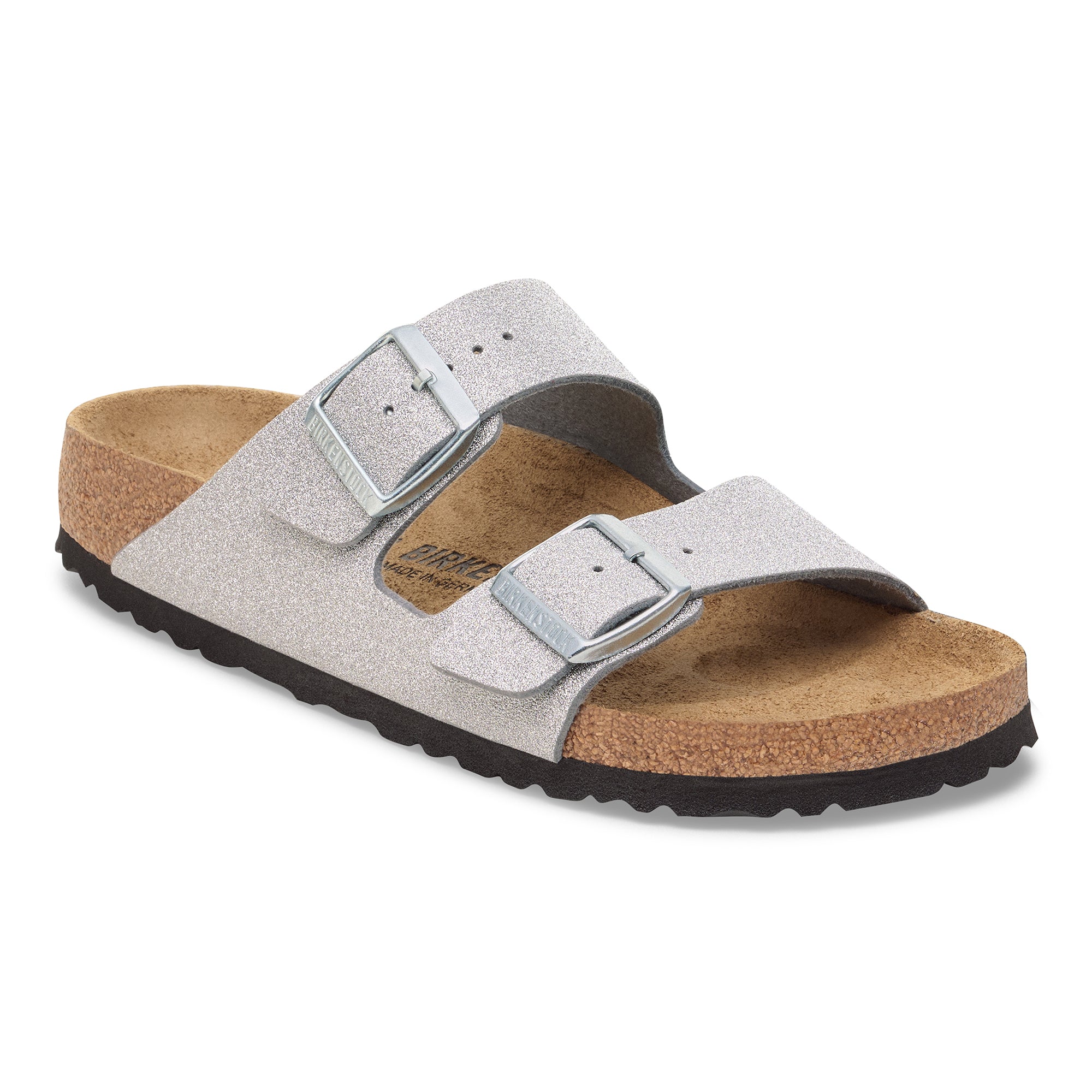 Silver sandal with cork sole on a white background