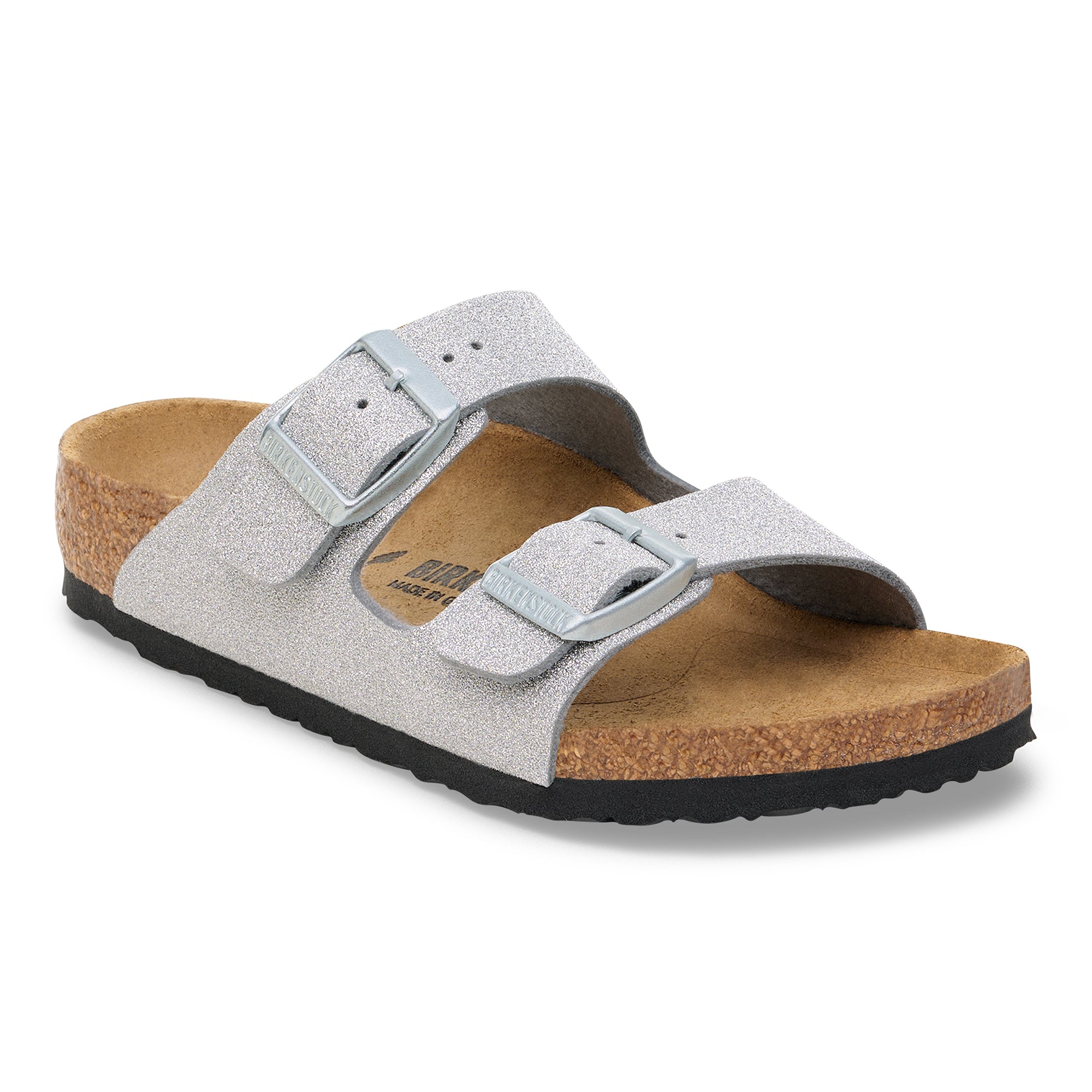 Silver sandal with cork sole on a white background