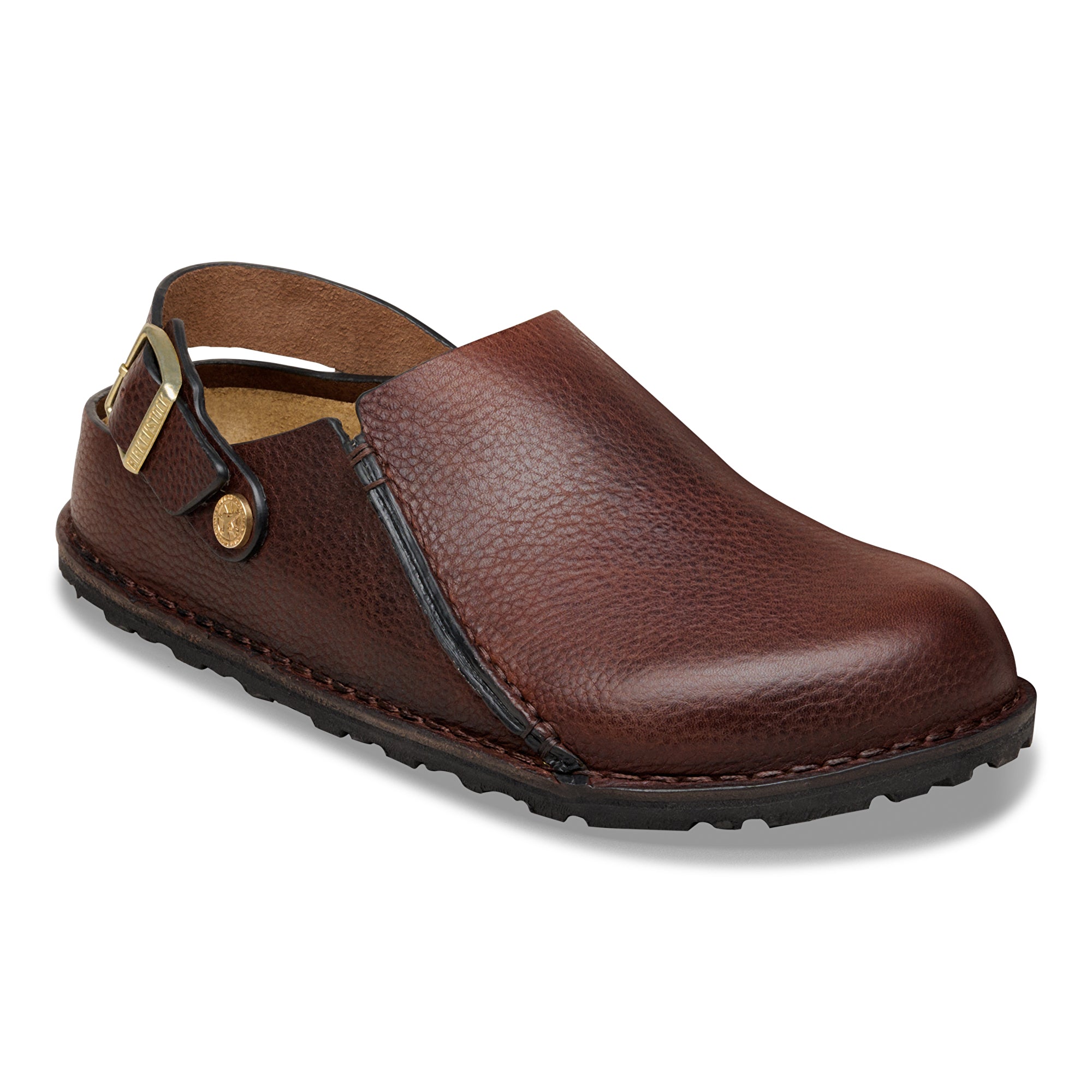 Brown leather clog shoe on a white background