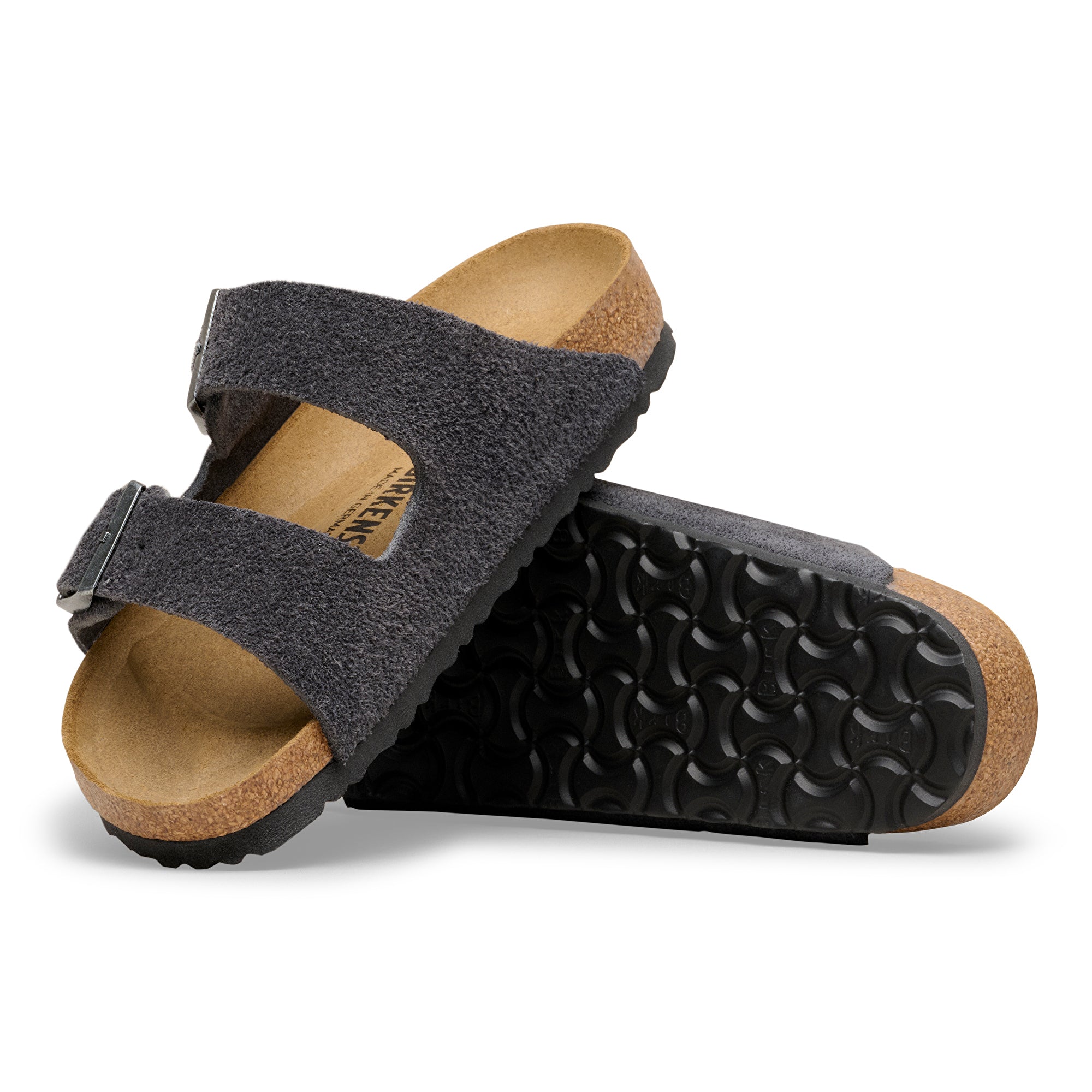 Pair of gray sandals with cork soles on a white background