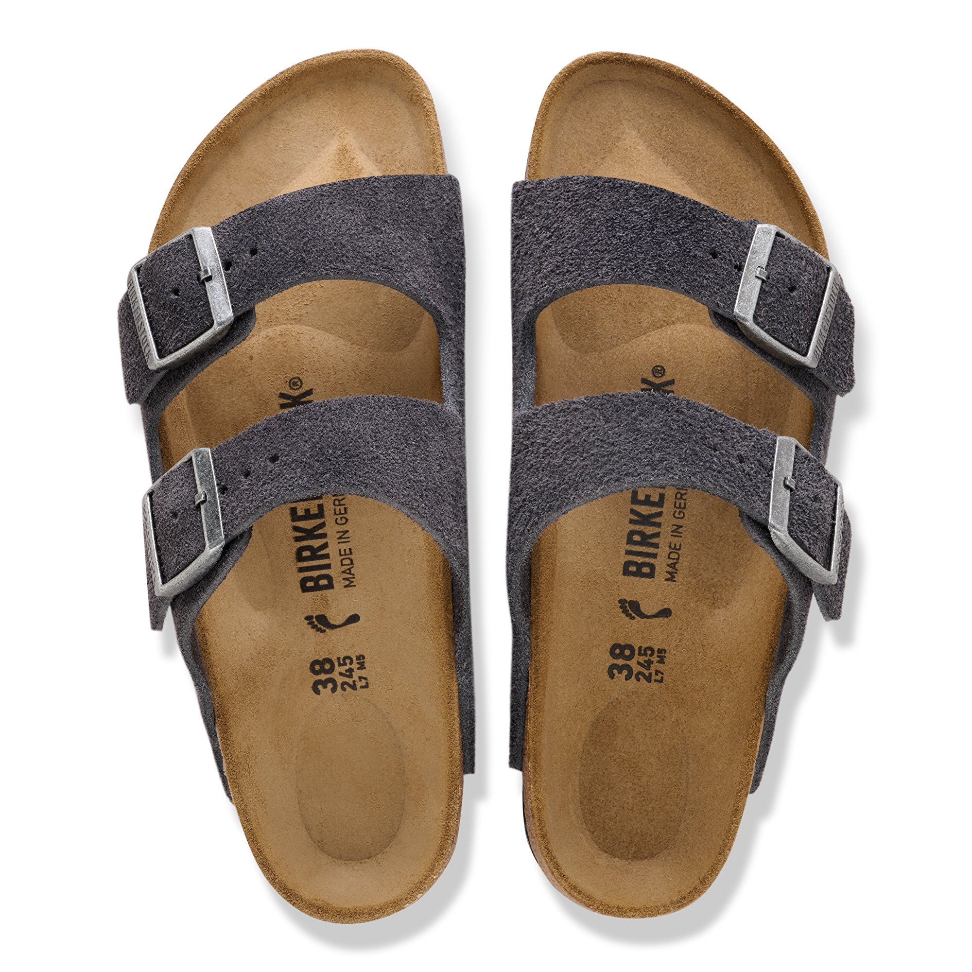 Pair of Birkenstock sandals with gray straps on a white background