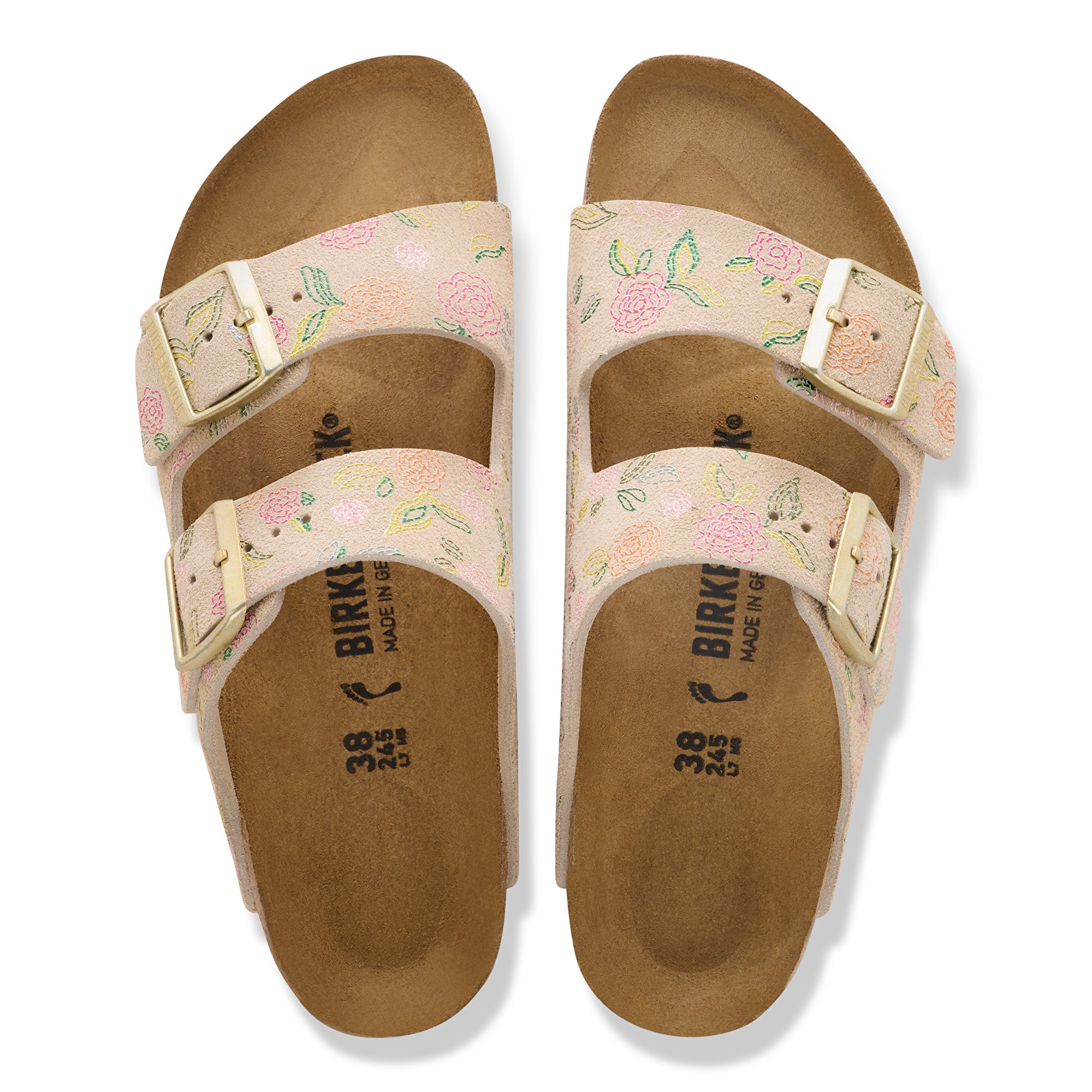 Pair of floral-patterned Birkenstock sandals on a white background