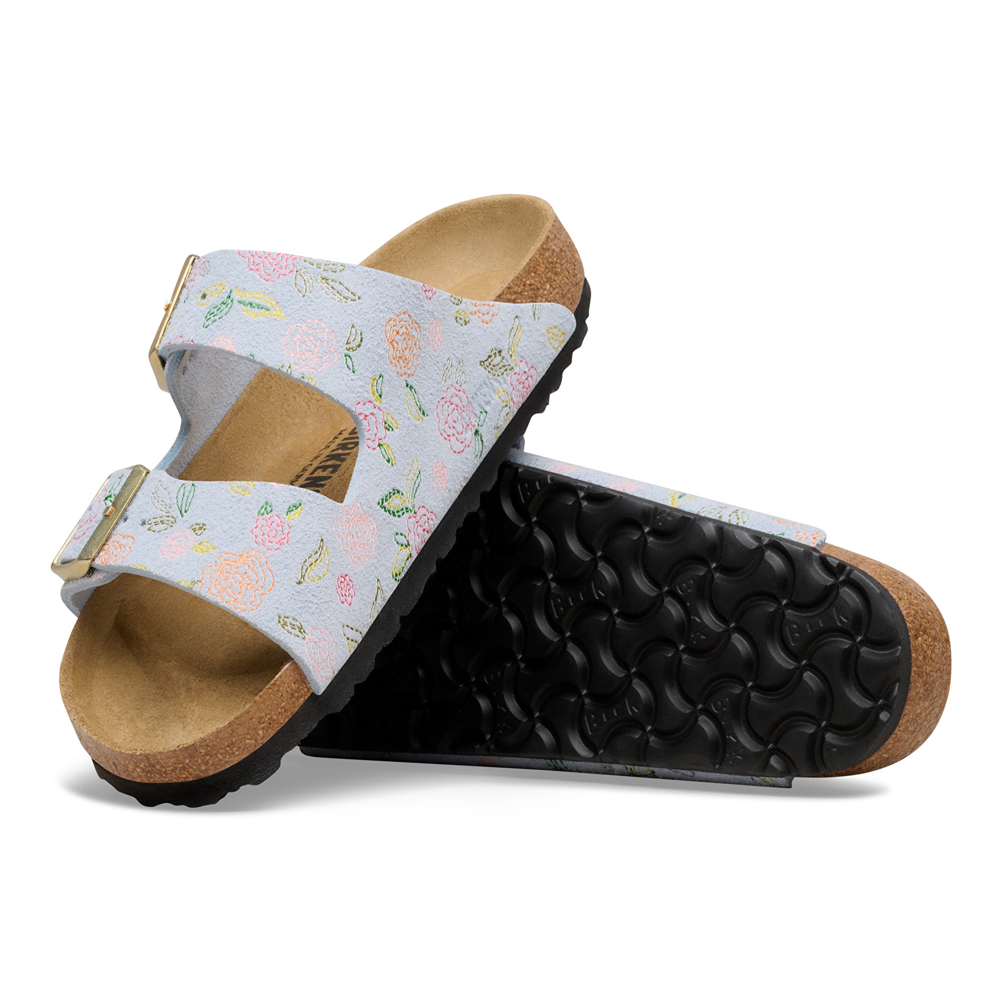 Floral sandal with cork sole on a white background