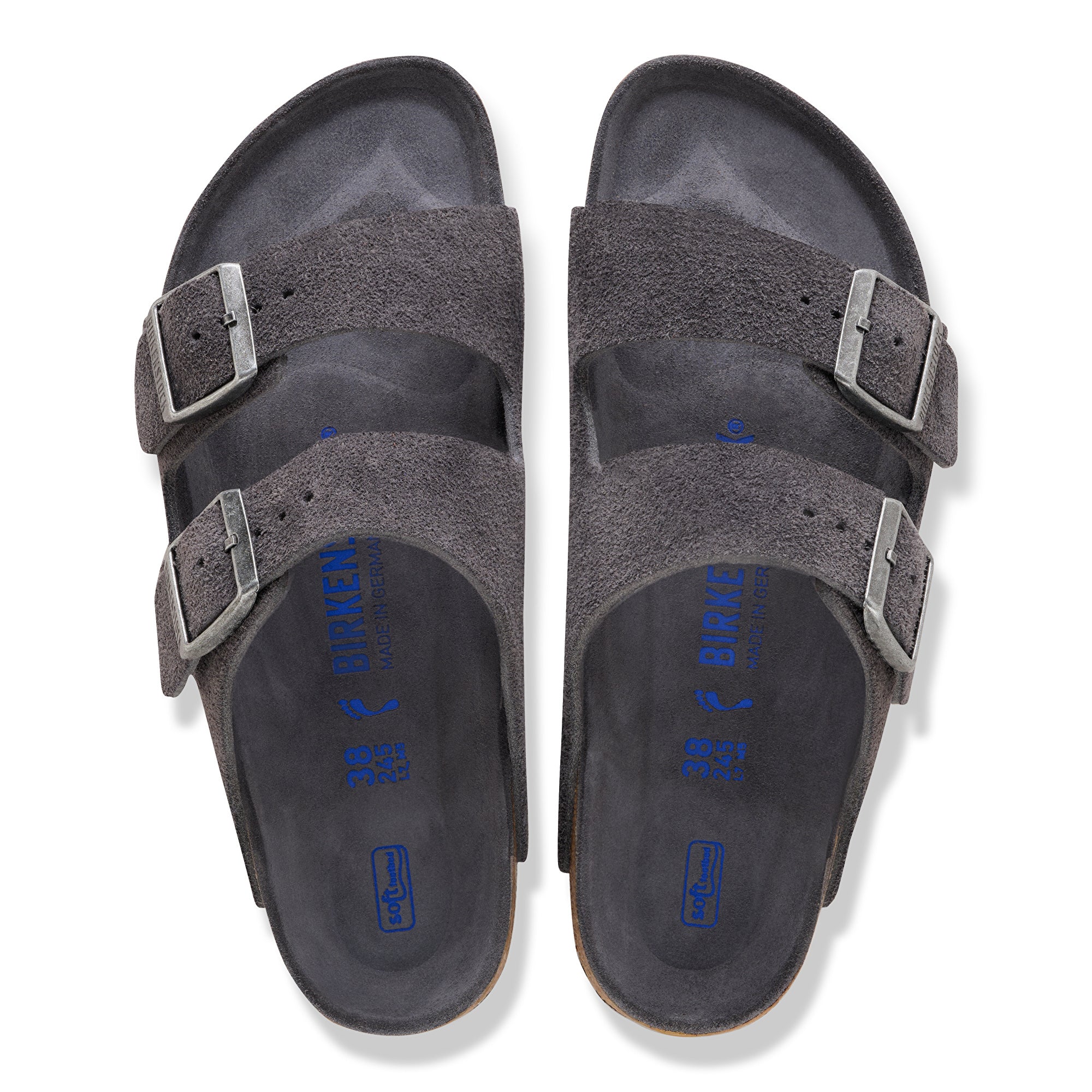 Pair of gray sandals with double buckles on a white background