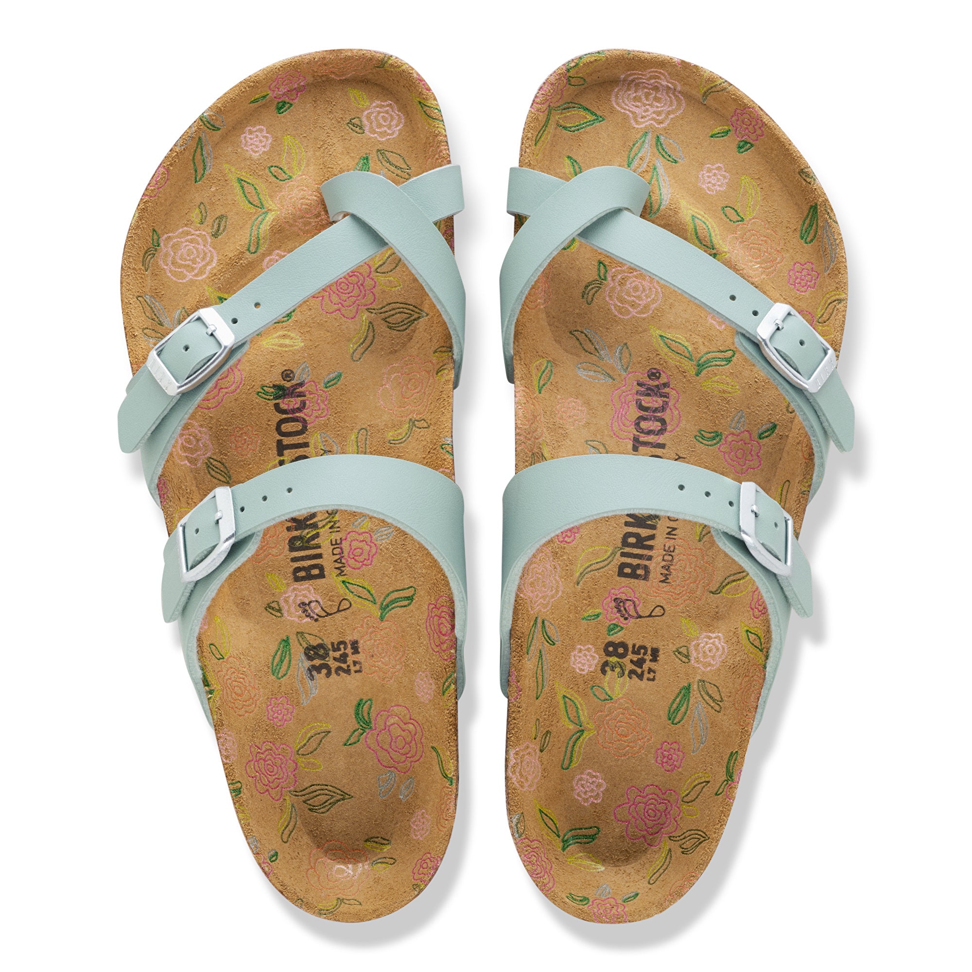 Pair of Birkenstock sandals with floral pattern on a white background