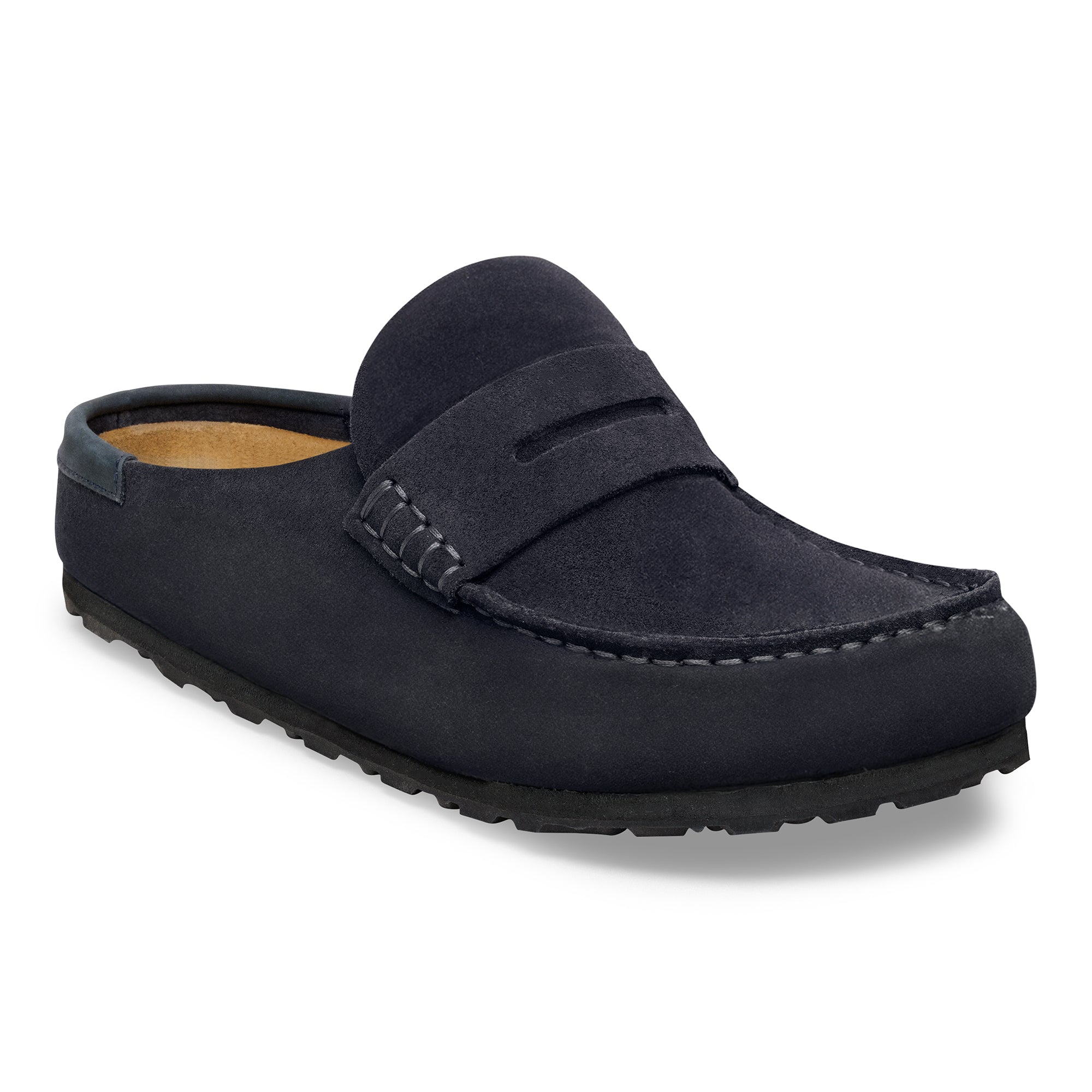 A single dark navy blue suede penny loafer slip-on shoe with a black rubber sole, shown from a three-quarters angle on a white background.