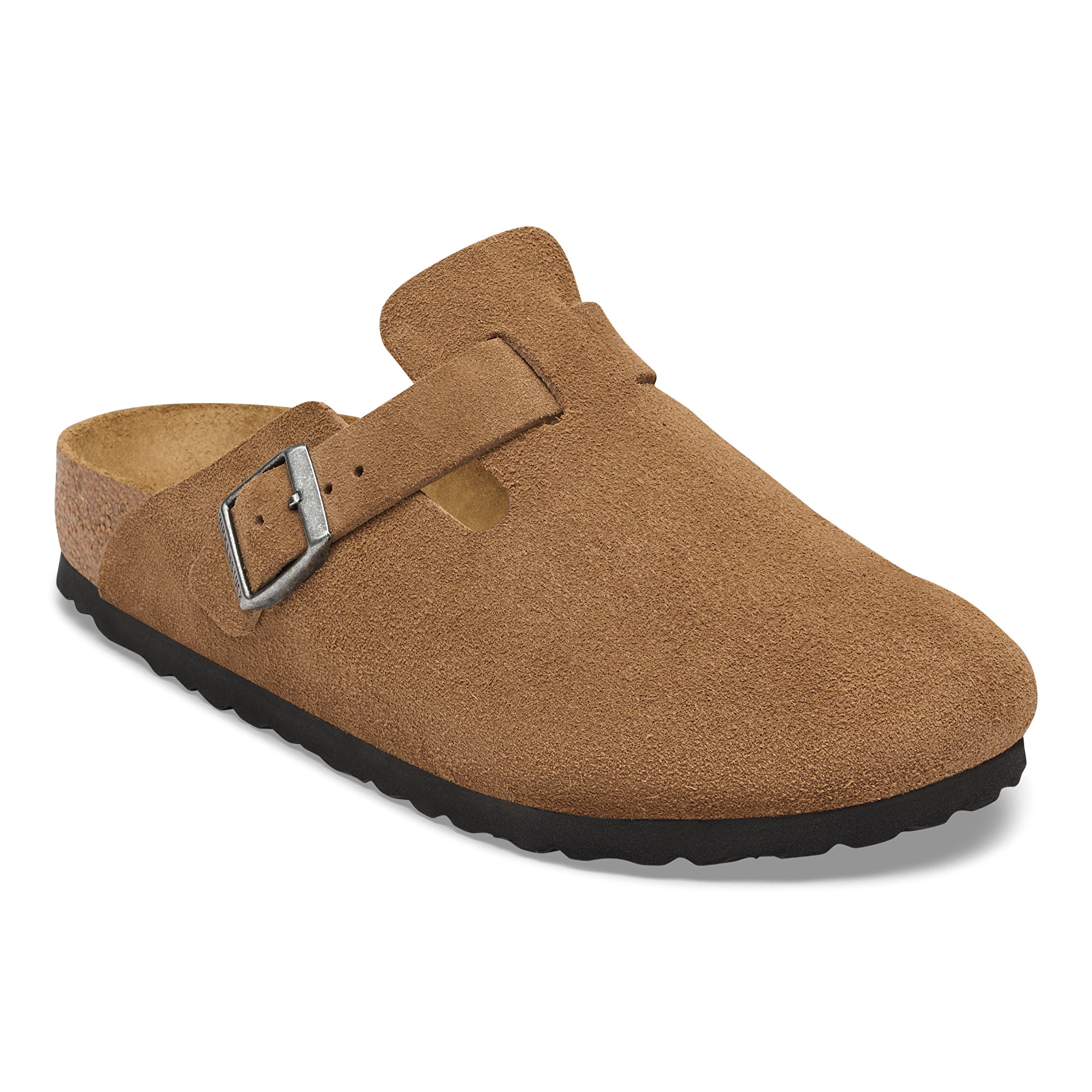 Brown suede clog shoe with a buckle on a white background