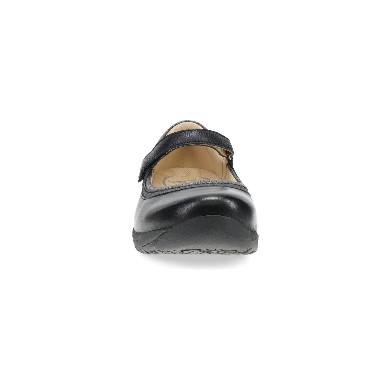 Black shoe with a strap on a white background