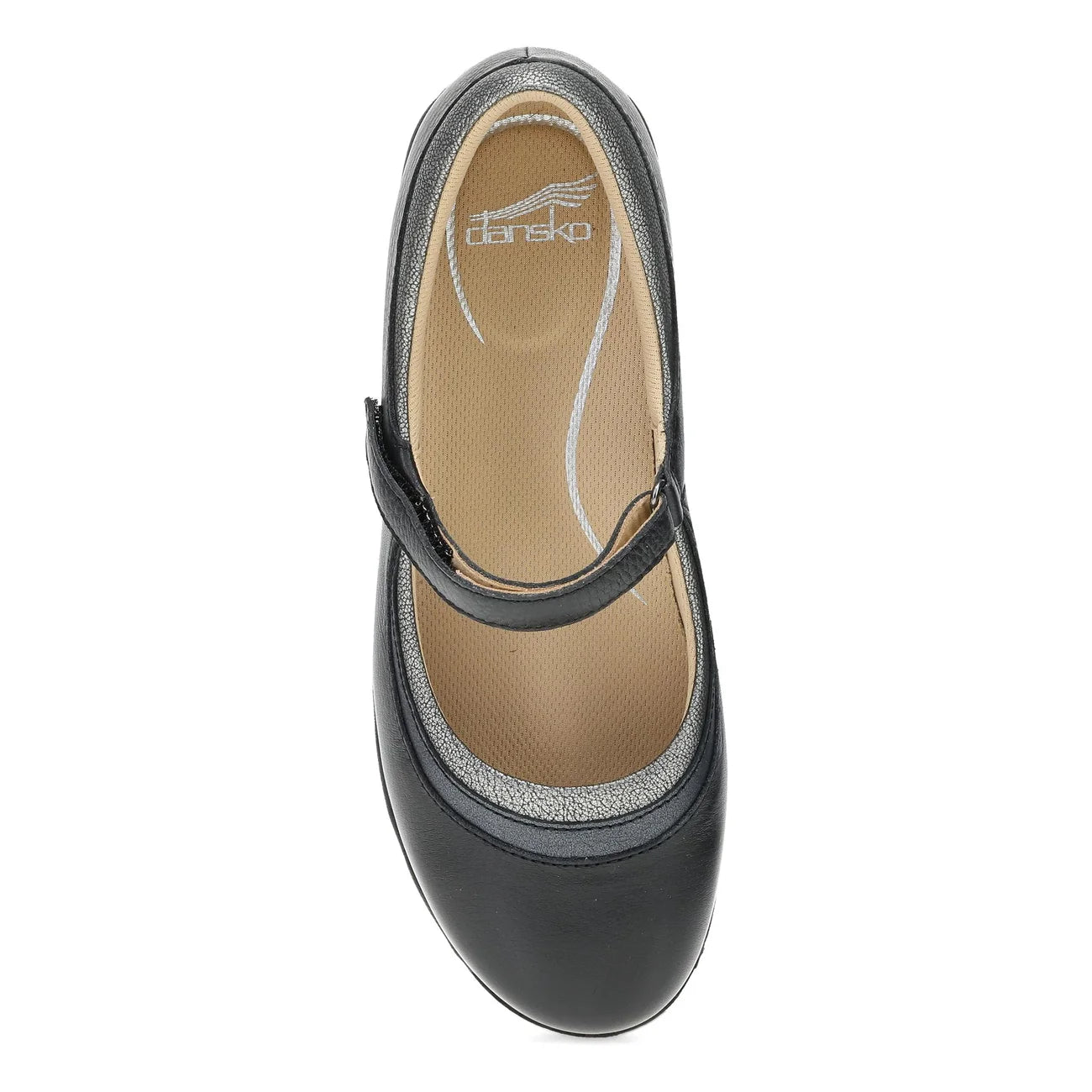 Black shoe with a strap on a white background