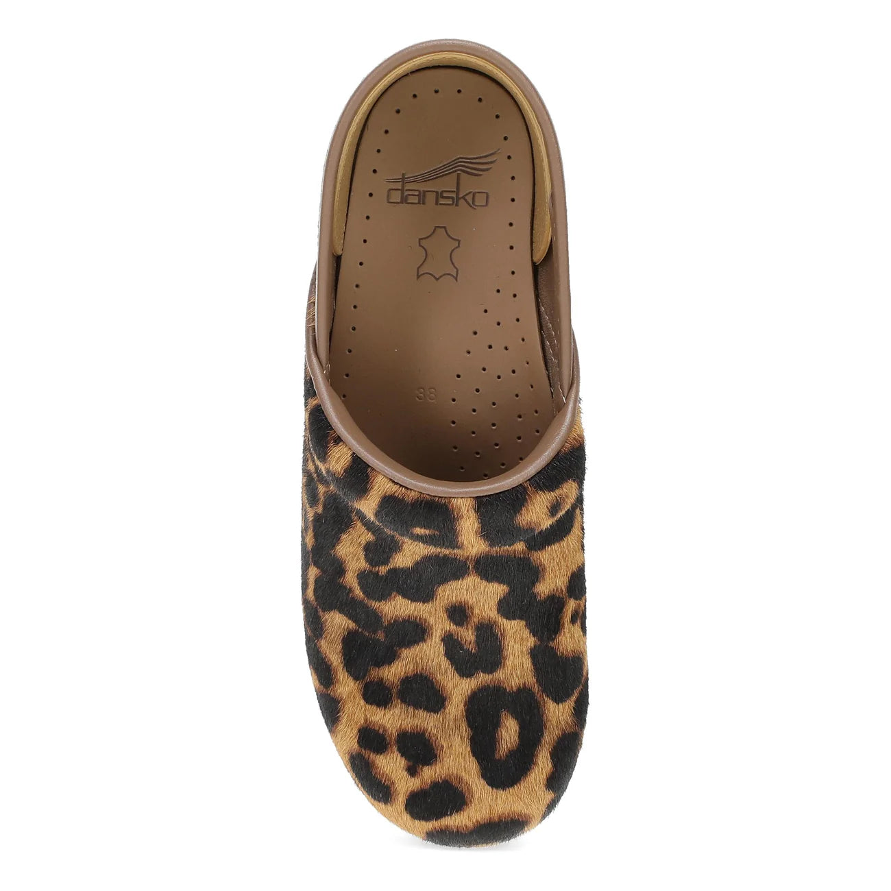 A single brown and black leopard print clog shoe shown from a top-down view on a white background. The brand name 'dansk' is visible on the tan insole.