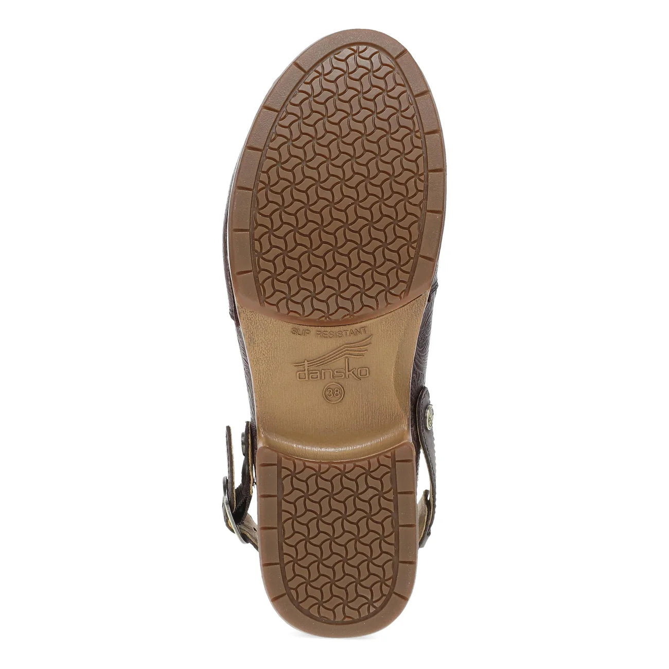 Brown sandal sole with geometric tread pattern on a white background