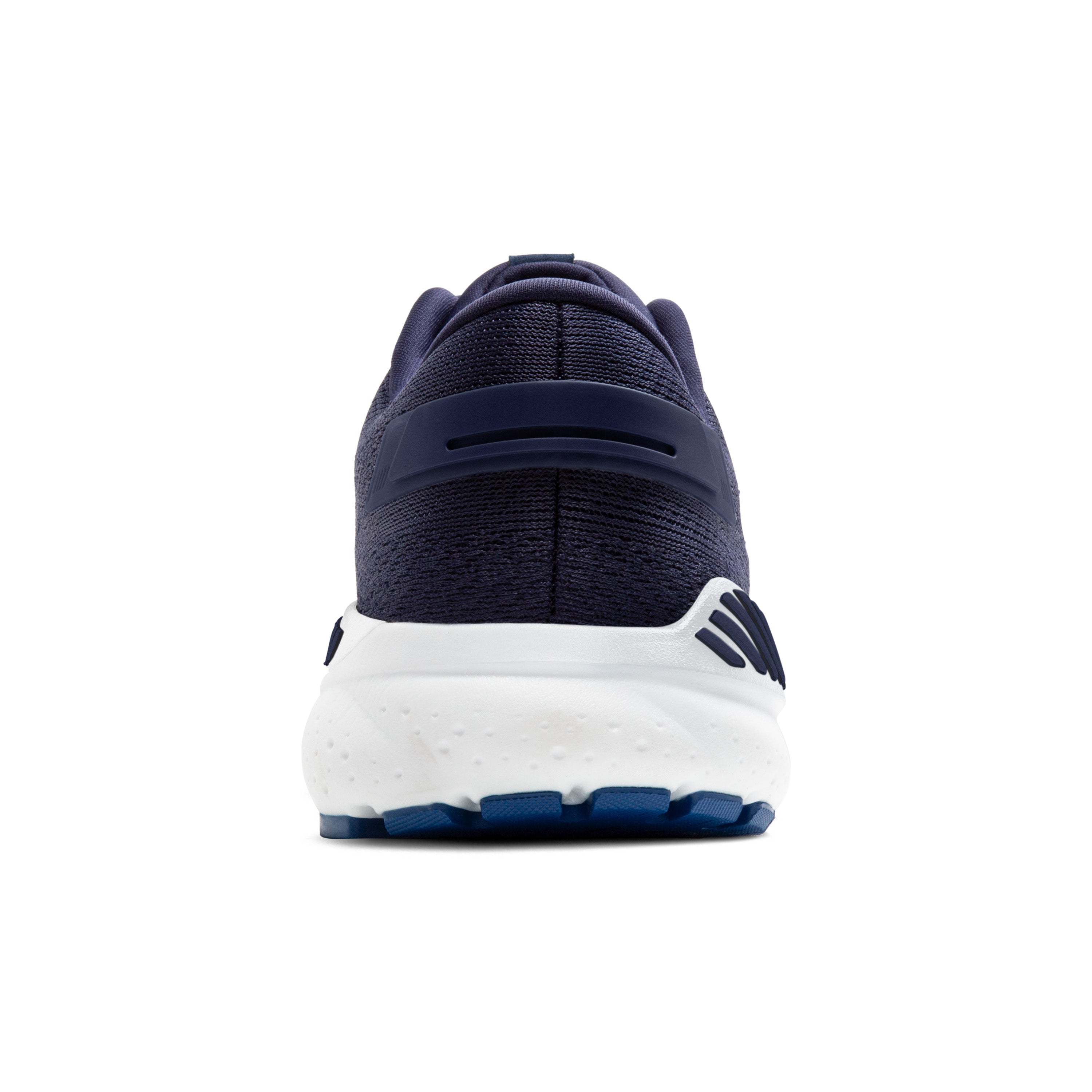 Navy running shoe with white sole on a white background