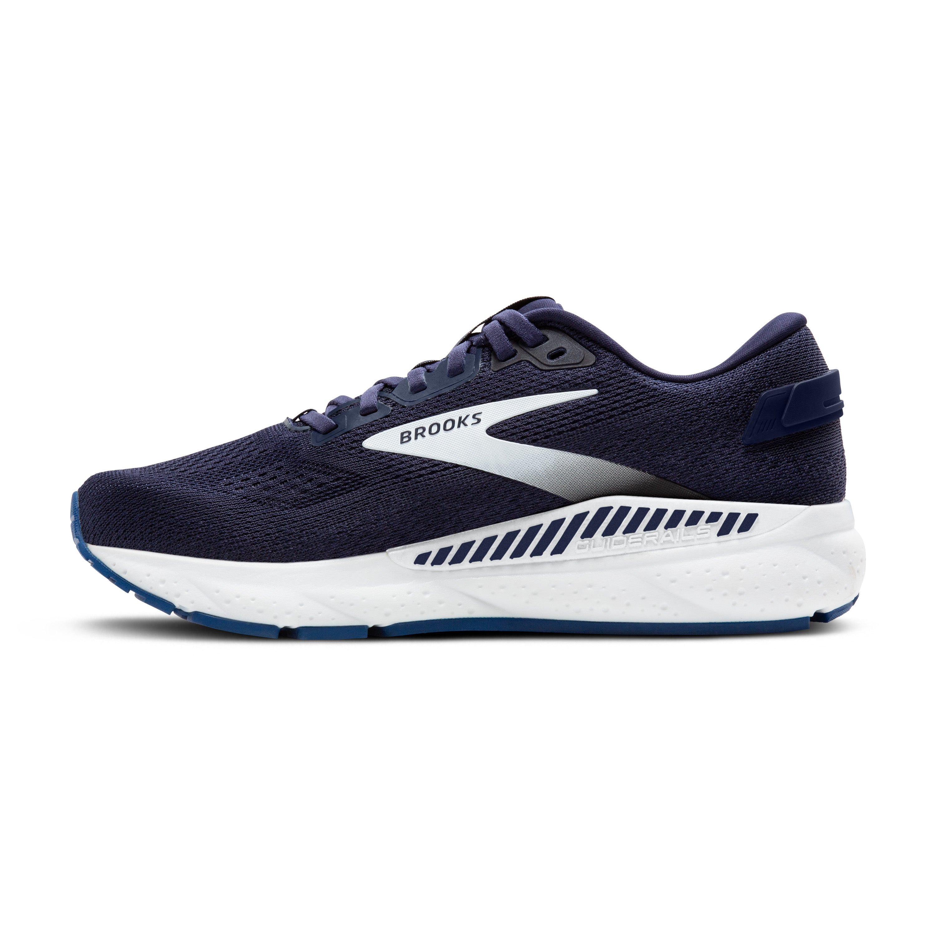 Navy running shoe with white sole on a white background
