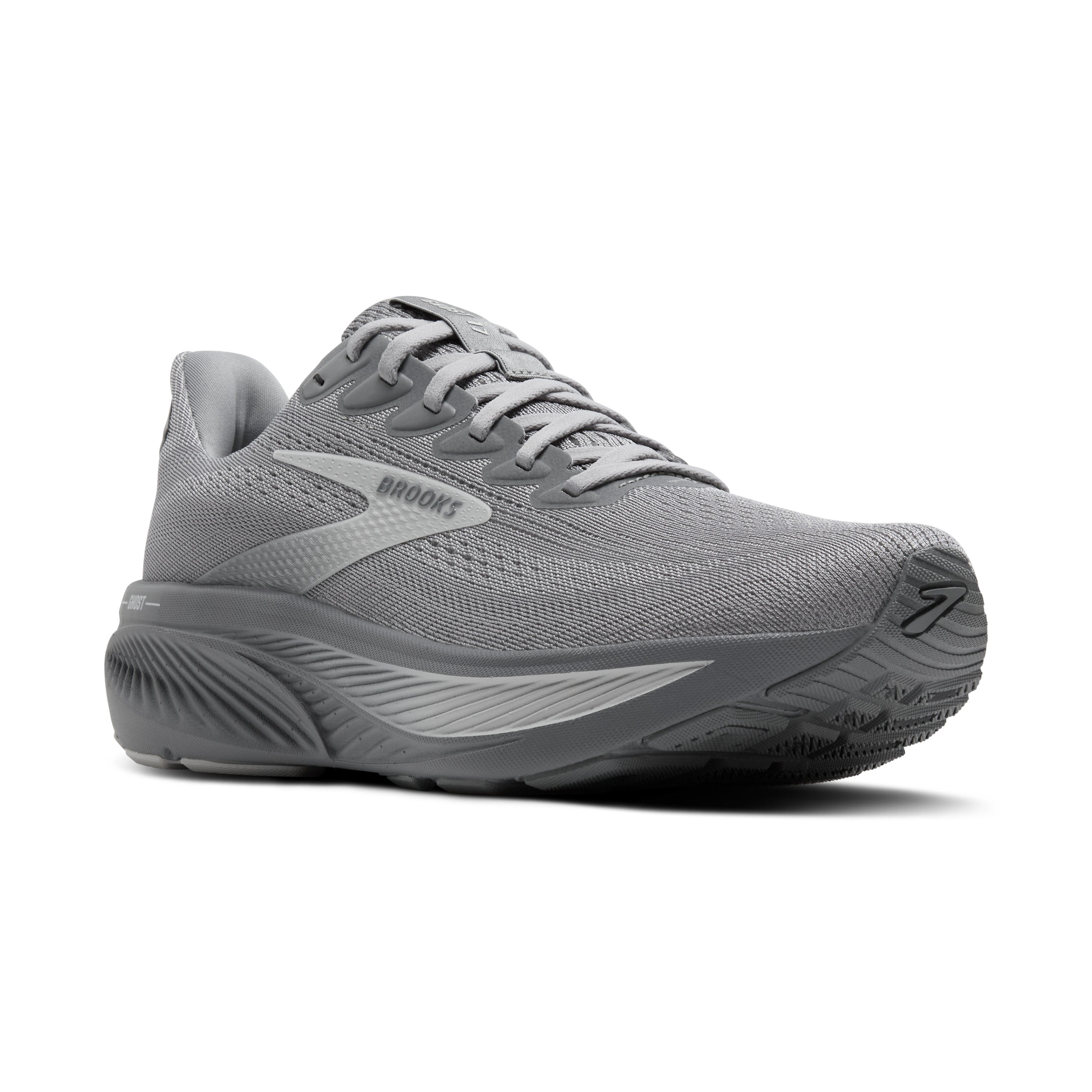 Gray running shoe with 'Brooks' branding on a white background