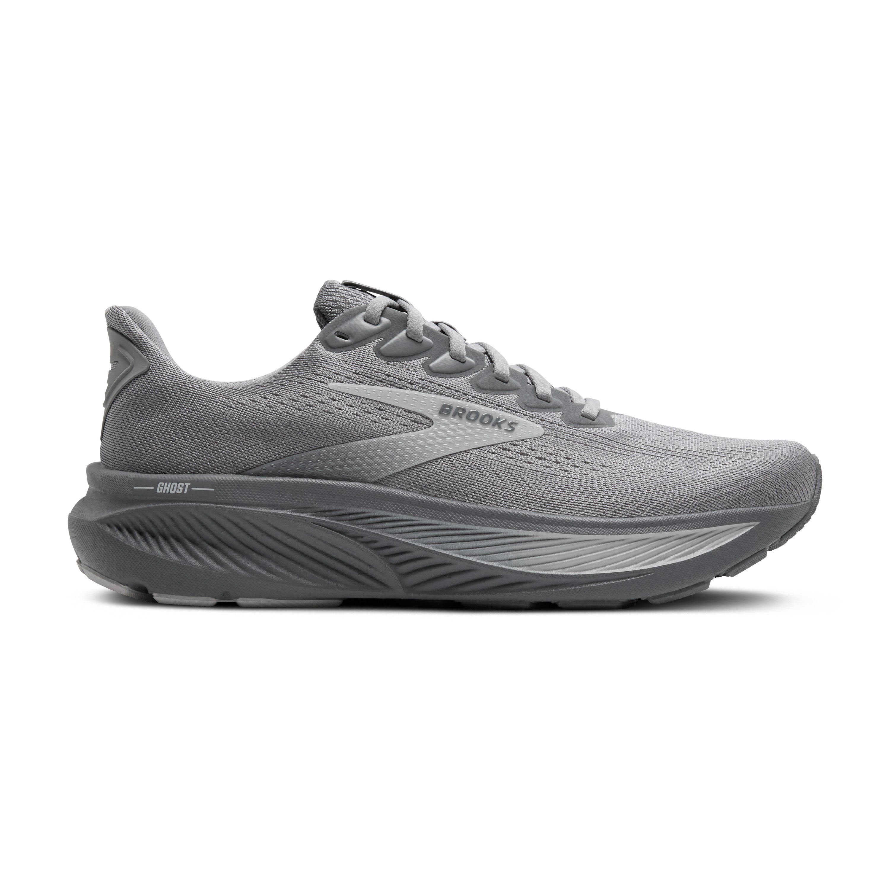 Gray running shoe with 'Brooks' branding on a white background