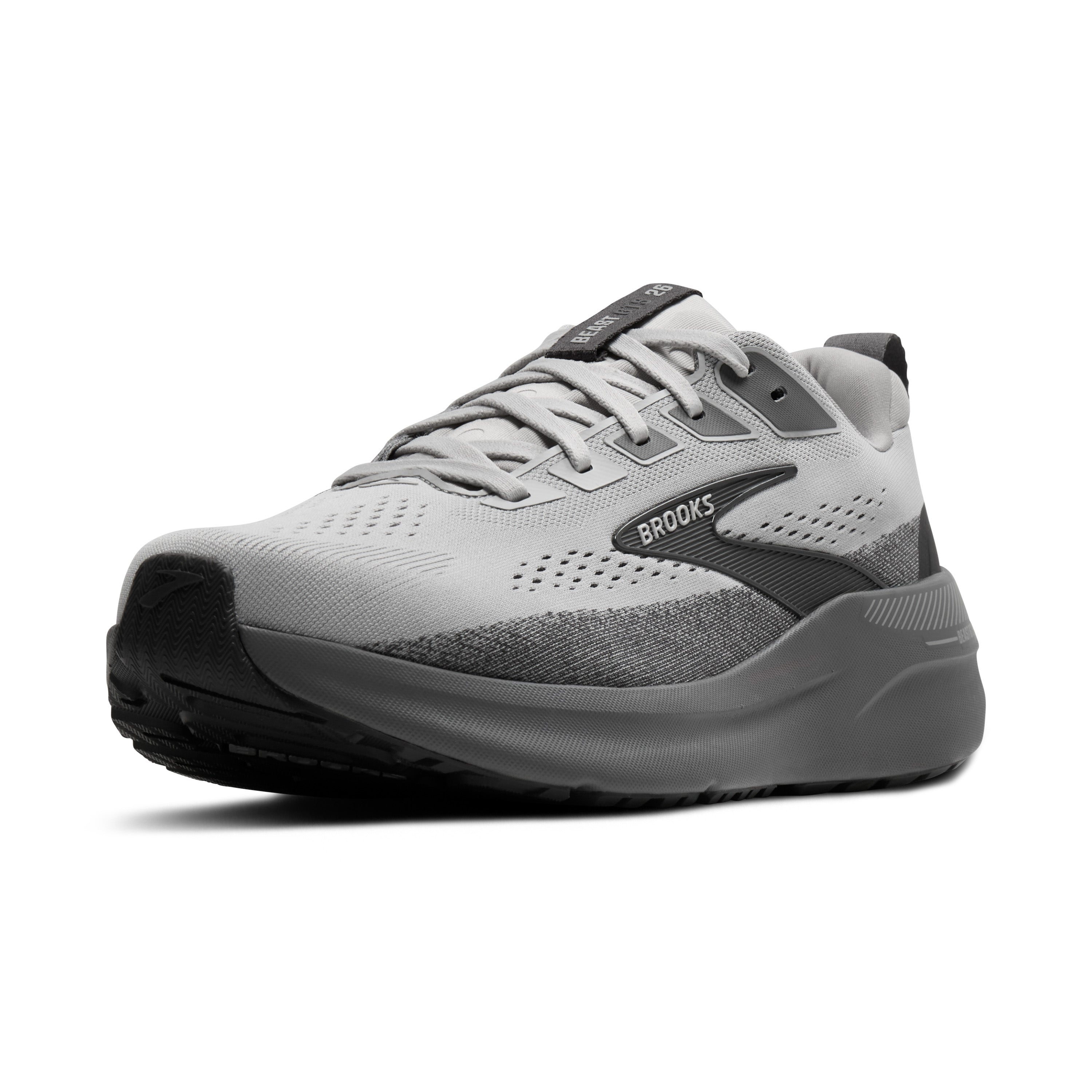 Gray running shoe with 'Brooks' branding on a white background