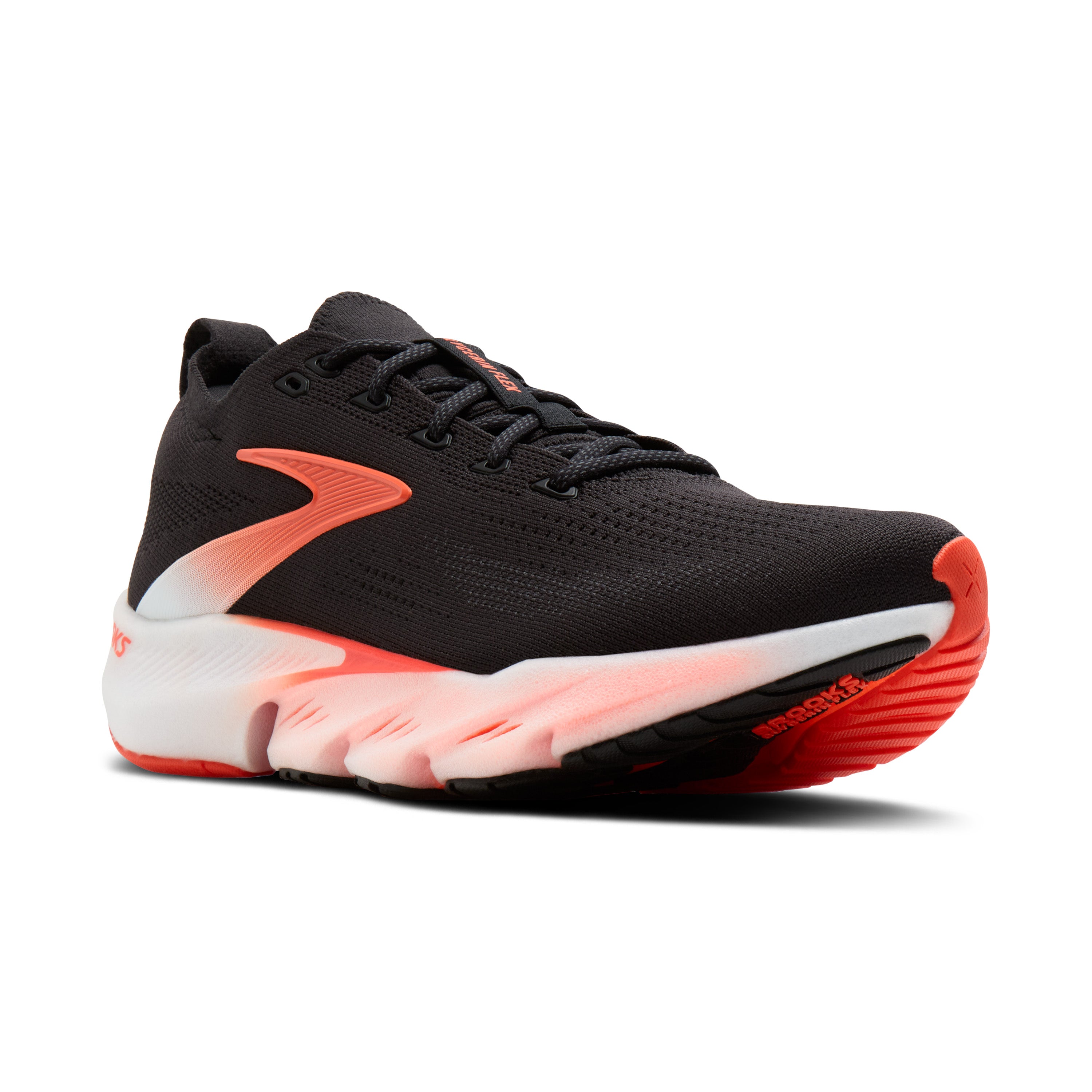 Black running shoe with pink and white sole on a white background
