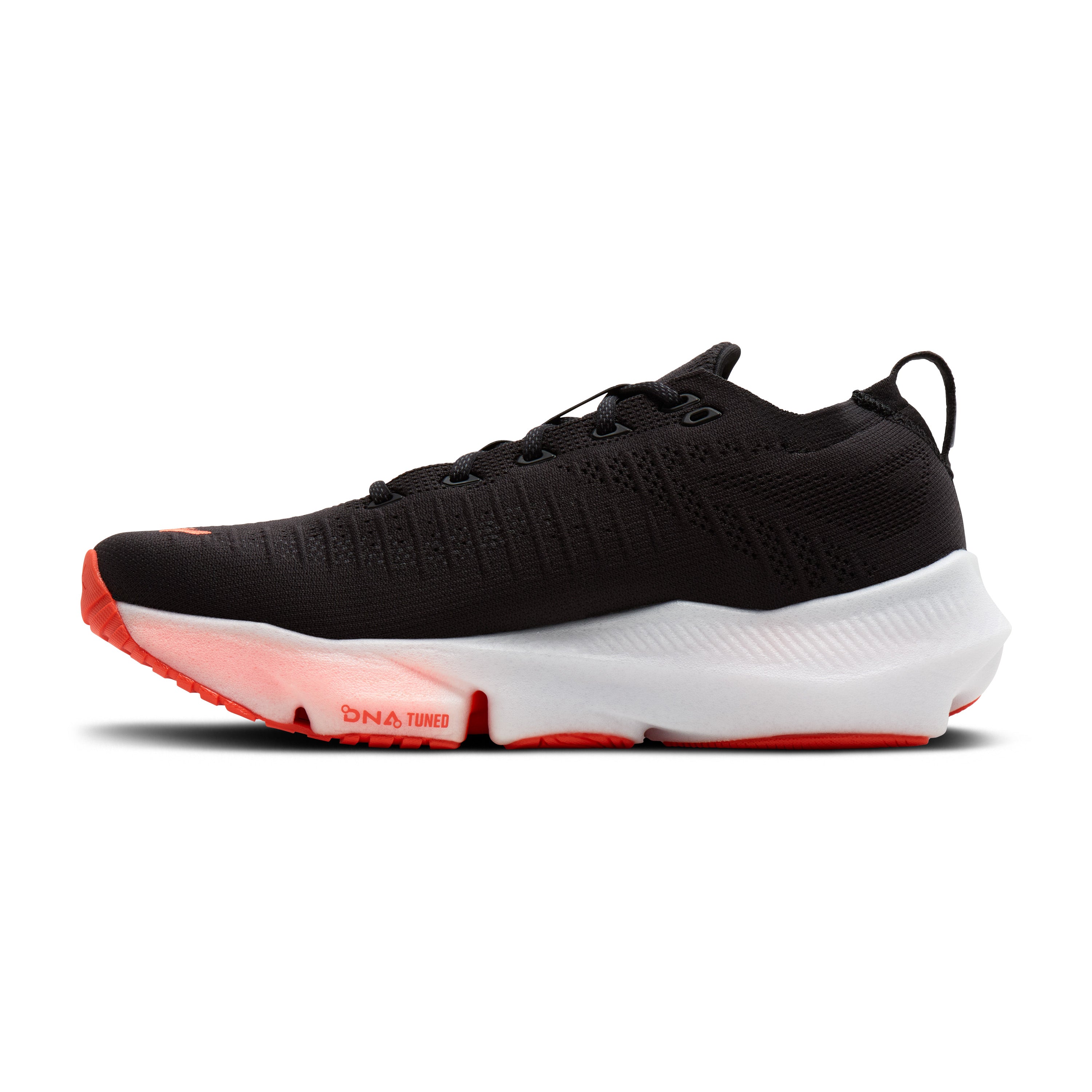 Black running shoe with a white sole on a white background