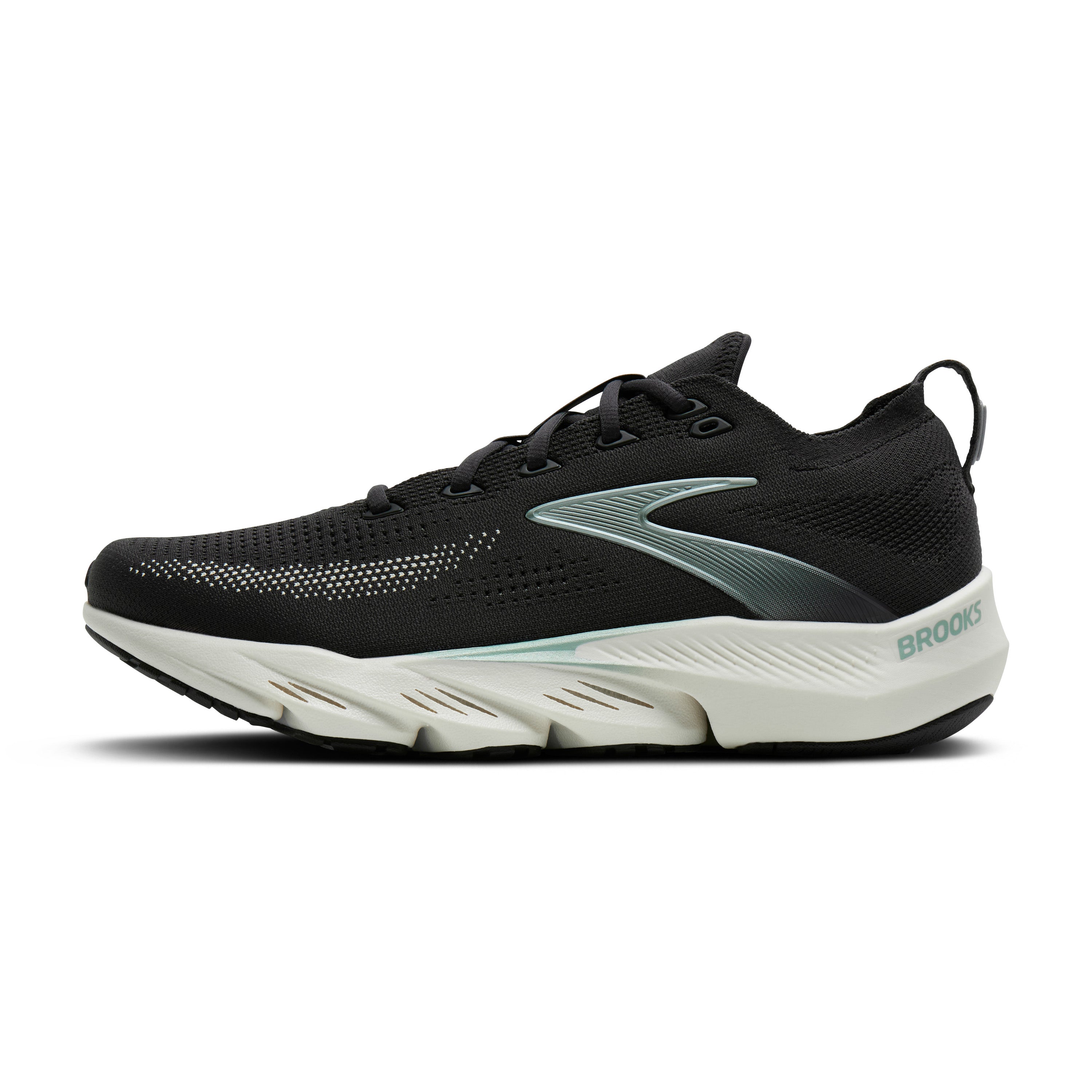 Black running shoe with white sole on a white background