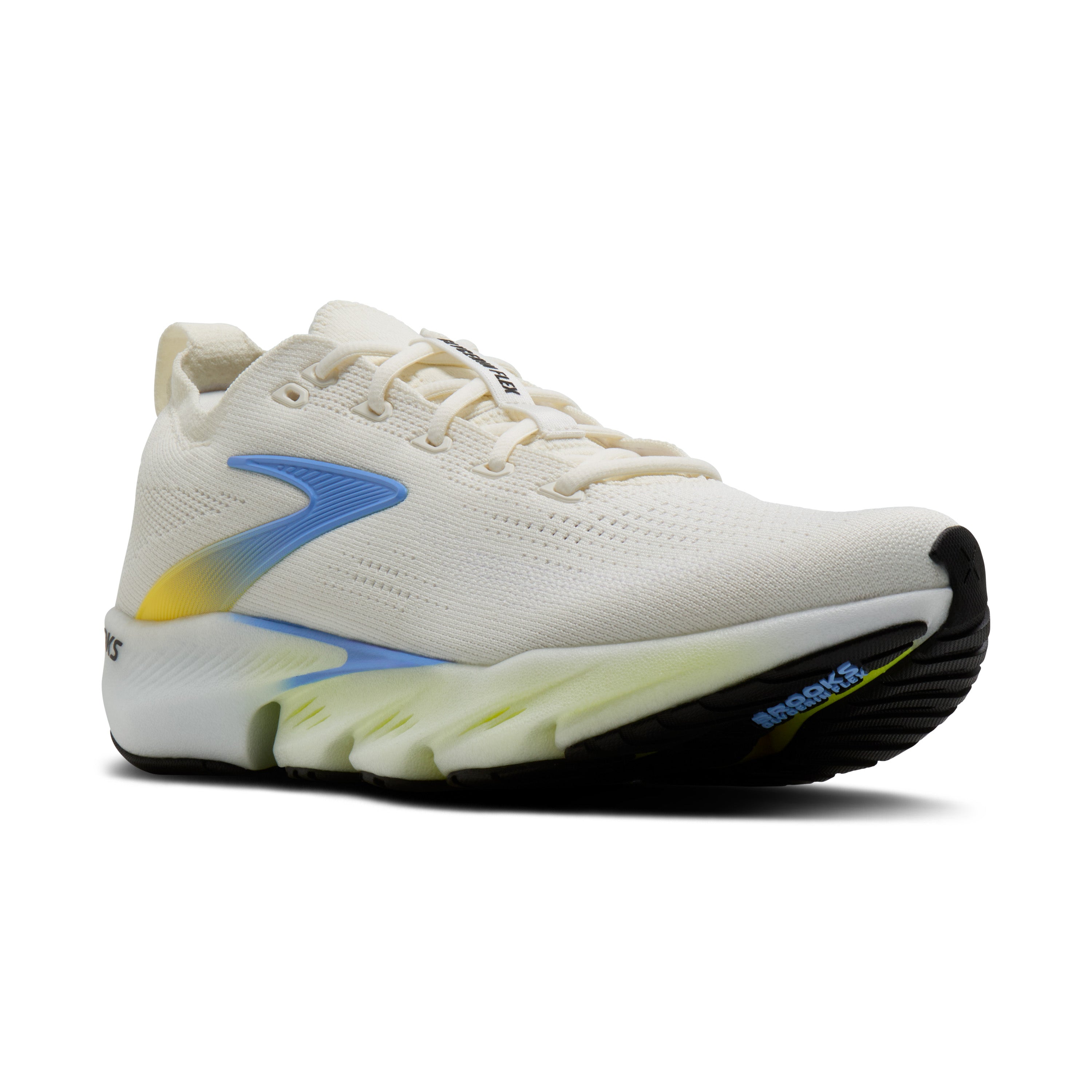 White running shoe with blue accents on a white background