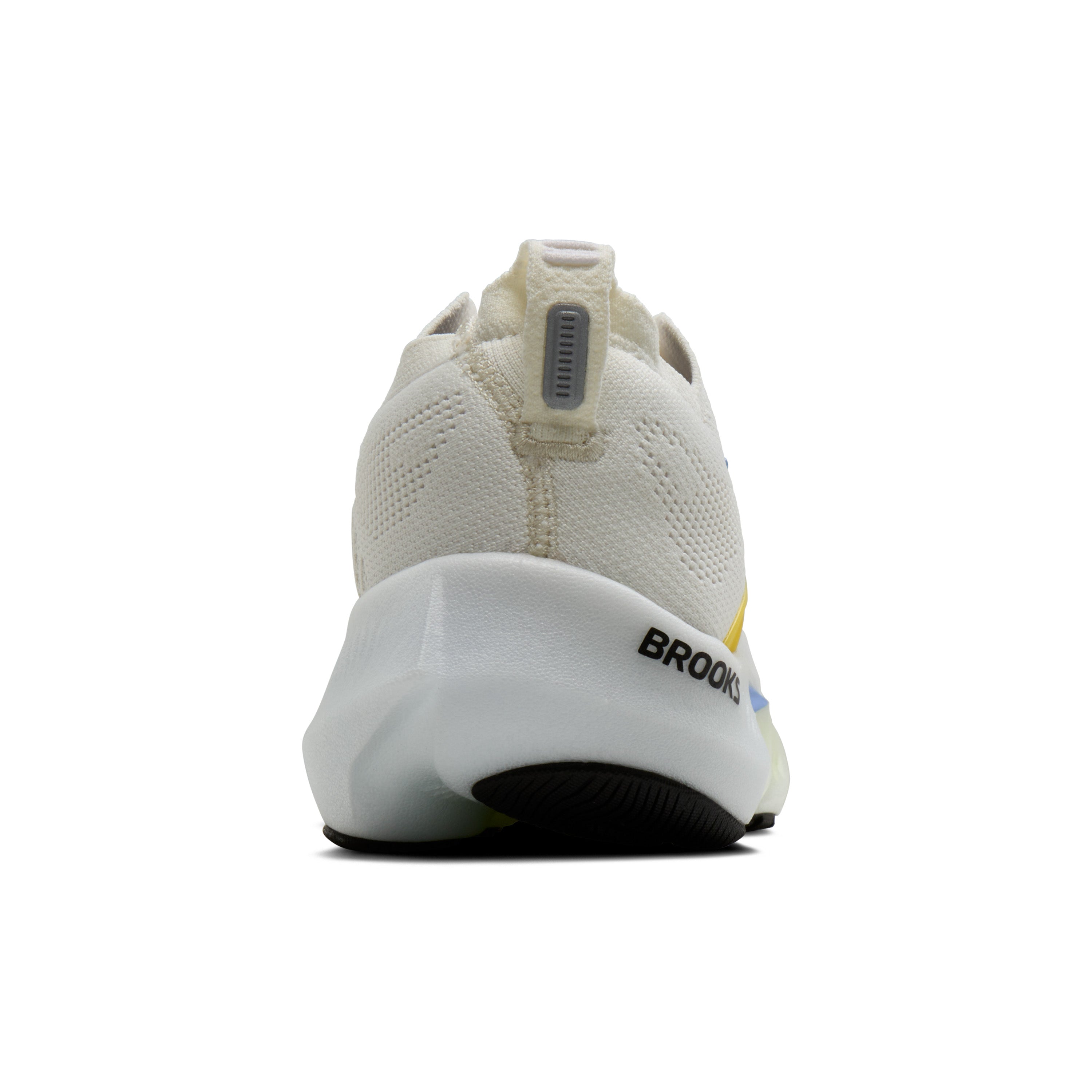 White running shoe with 'Brooks' branding on a white background