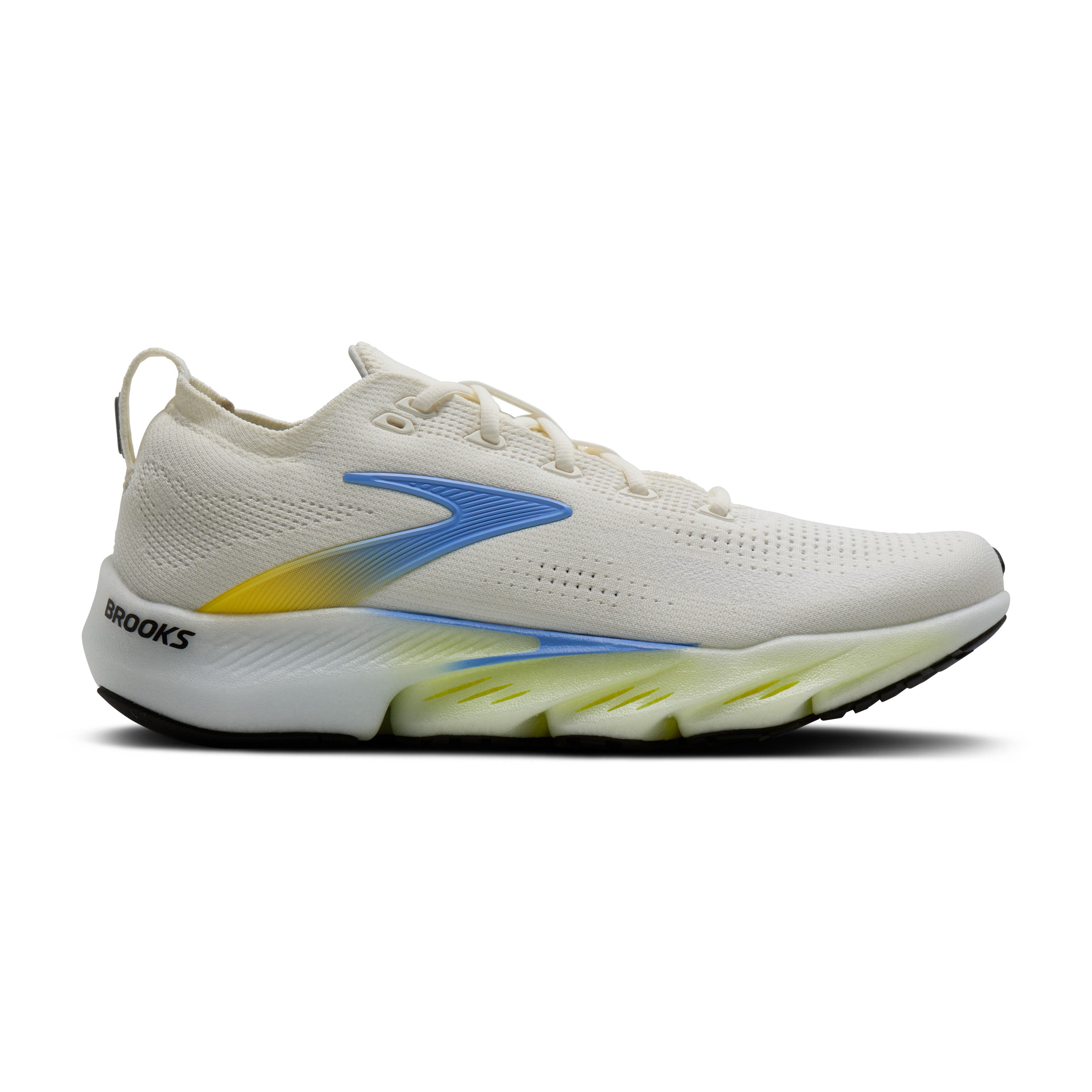 White running shoe with blue and yellow accents on a white background